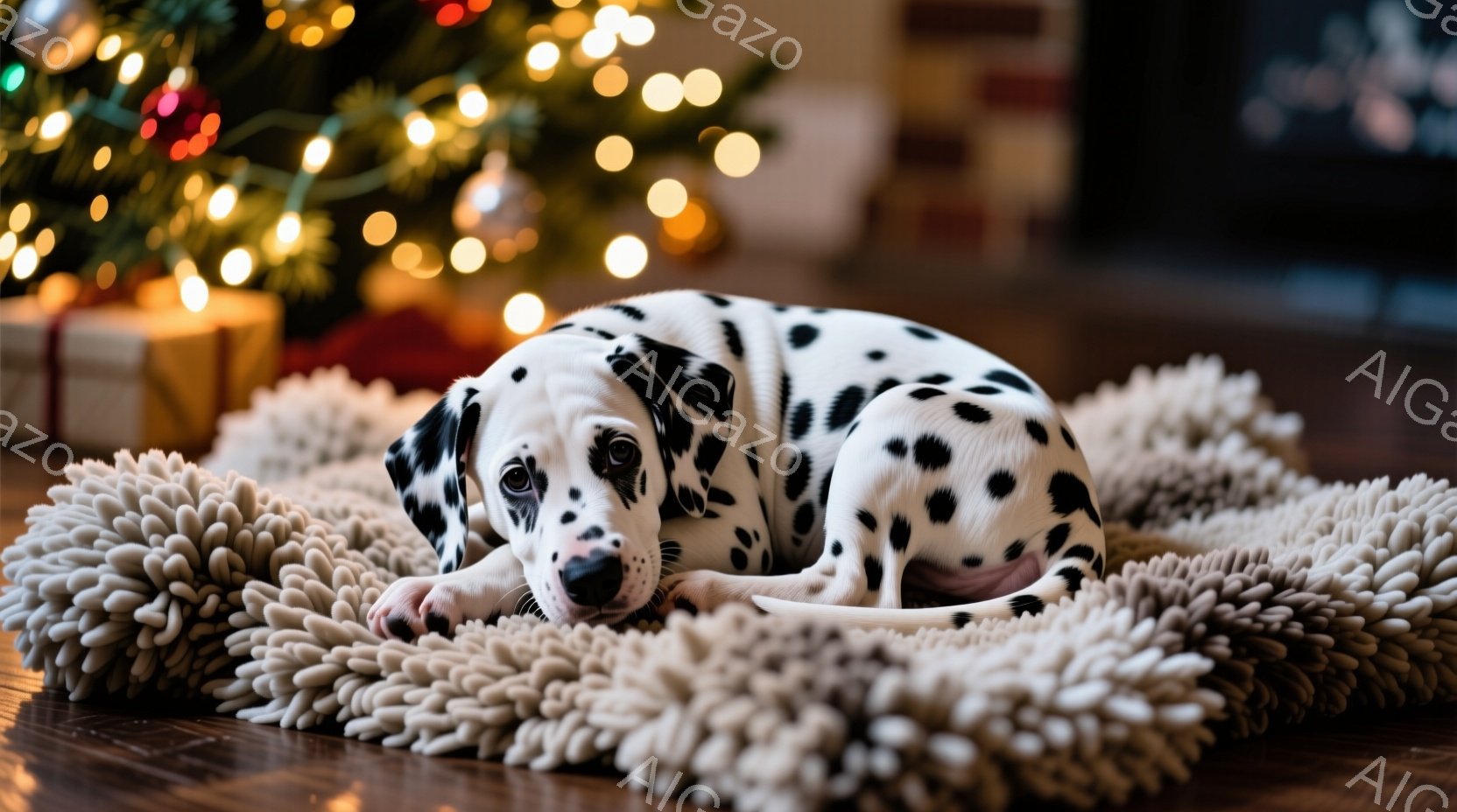 白地に黒い斑点模様のダルメシアンの子犬が、ふわふわとした白いカーペットの上に横たわっています。子犬はリラックスした表情で、前足を伸ばして体を休めています。背景には、ぼやけたクリスマスツリーとプレゼント - AI生成フリー素材