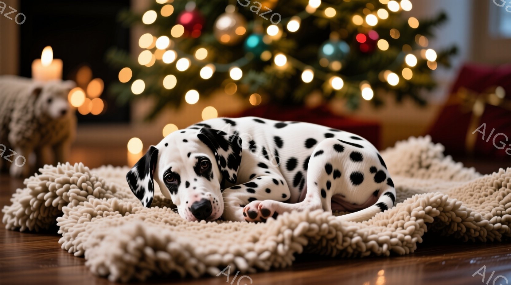 白地に黒い斑点模様のダルメシアンの子犬が、ふわふわした白いラグの上に横たわっています。子犬はリラックスした表情で、少しだけ顔を上げ、カメラを見ています。背景にはぼやけたクリスマスツリーと、暖かい光のぼ - AI生成フリー素材