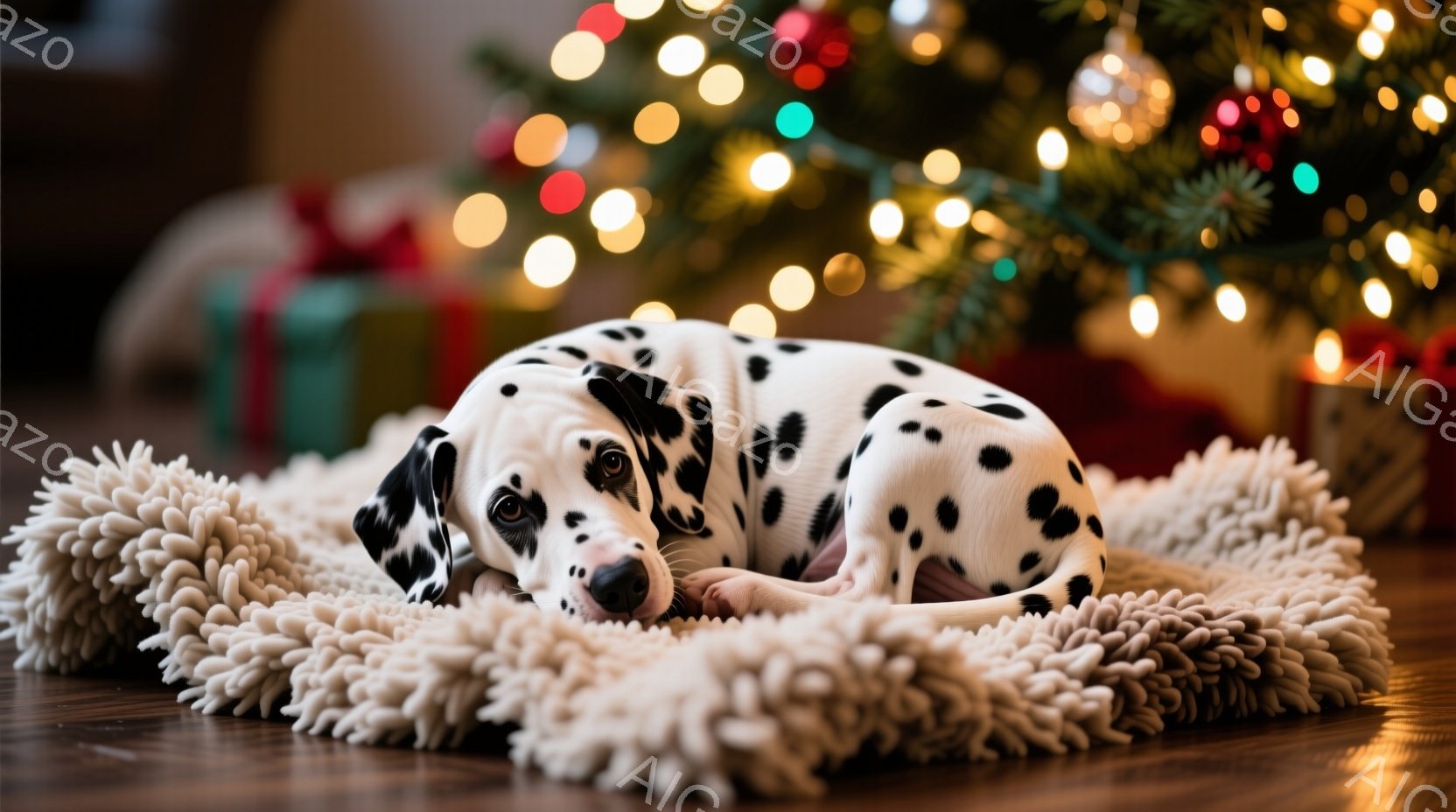 白地に黒い斑点模様のダルメシアンが、ふわふわの白いラグの上に丸まって横たわっています。背景にはクリスマスツリーがぼやけ、カラフルなオーナメントやプレゼント箱が散らばり、温かくお祝いムードを演出していま - AI生成フリー素材