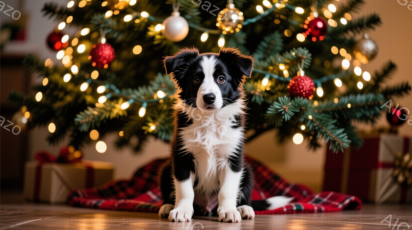 クリスマスツリーの下に、愛らしいボーダーコリーの子犬が座っています。子犬は真っ白と黒の毛並みで、大きな瞳でカメラを見つめ、穏やかな表情を浮かべています。背景には、赤いオーナメントと点灯したイルミネーシ - AI生成フリー素材