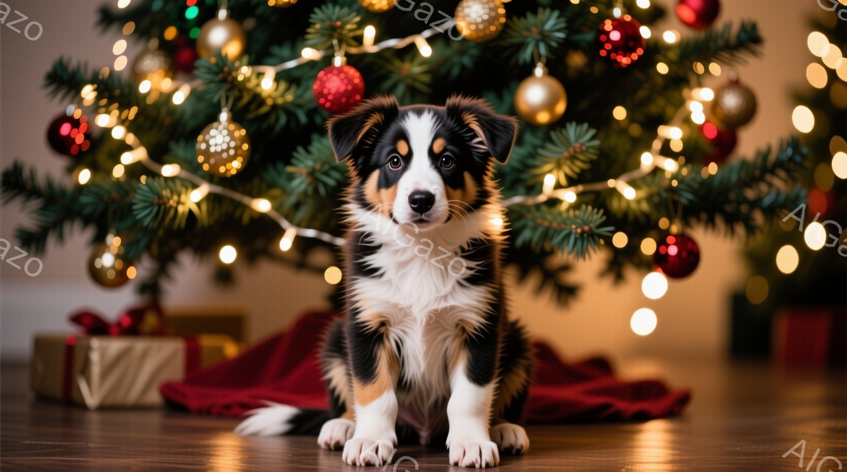 白と黒の毛並みを持つ子犬が、赤い毛布の上に座って正面を見ています。背景にはクリスマスツリーが飾られ、暖かい光で照らされています。全体的に温かく、お祝いムードにあふれた雰囲気です。 - AI生成フリー素材