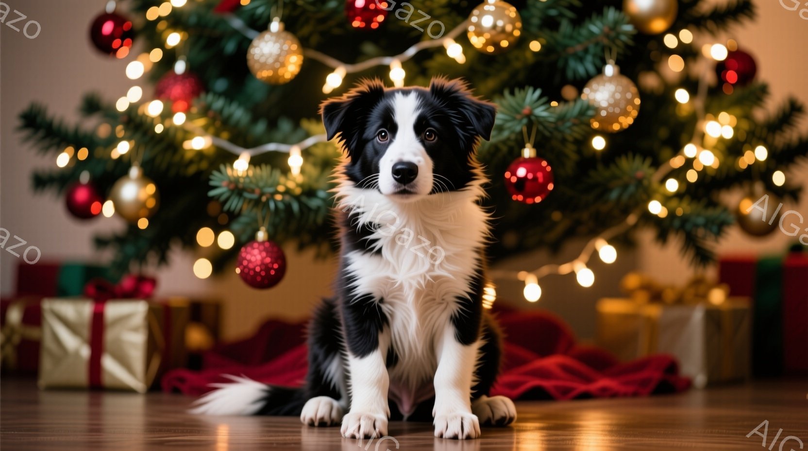 白と黒のボーダーコリーの子犬が、クリスマスツリーの前で座っています。背景には、赤い布とプレゼントボックス、そして輝く電飾で飾られた緑のクリスマスツリーが見えます。暖かく、お祝いムードにあふれた、幸せな - AI生成フリー素材