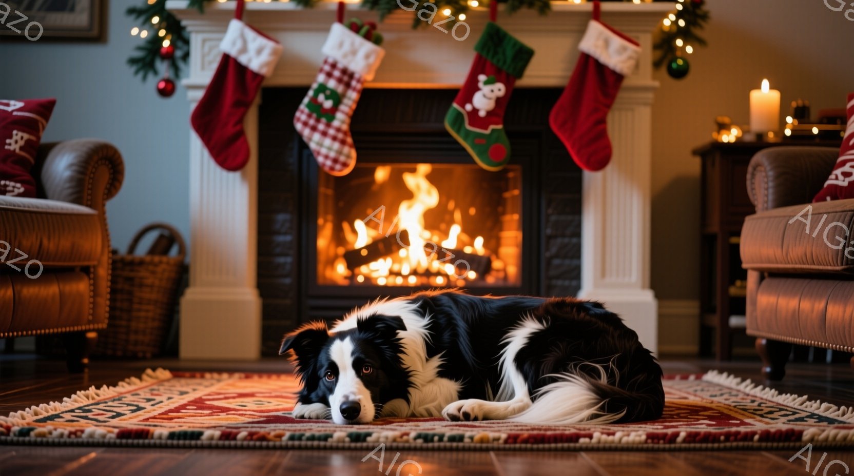 暖炉の前で、黒と白のボーダーコリーが絨毯の上で横たわっています。クリスマスらしい暖炉には靴下が飾られ、部屋全体が温かく、居心地の良い雰囲気を醸し出しています。背景には茶色の革張りの椅子やキャンドルが見え、クリスマスの装飾が暖炉と部屋全体を彩っています。