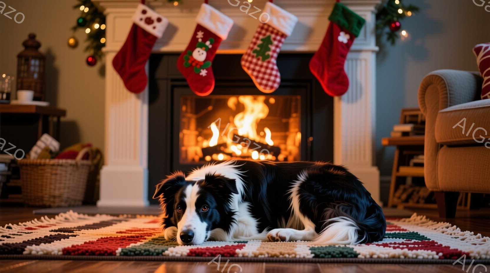 暖炉の前で、黒と白のボーダーコリーがカーペットの上に横たわっています。暖炉には火が灯っており、クリスマスソックスが暖炉の上に飾られています。部屋全体は暖かく、ホリデーシーズンらしい居心地の良い雰囲気です。