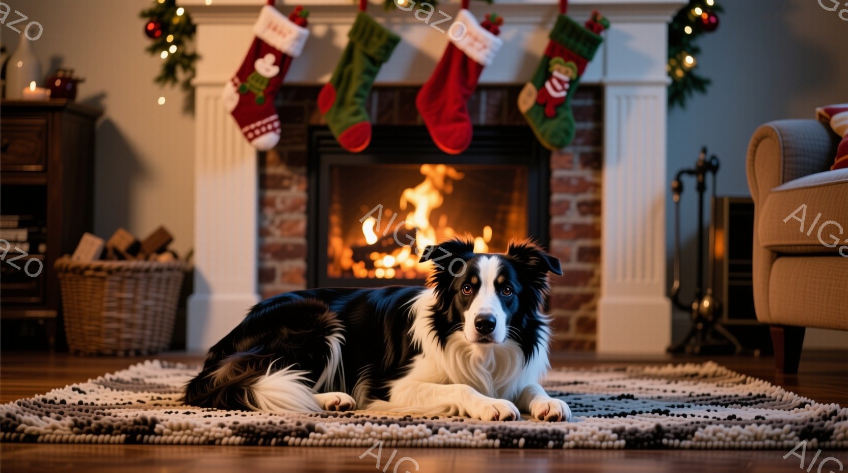 暖炉の前で黒と白のボーダーコリーが絨毯の上に横たわっています。暖炉には火が灯っており、赤いクリスマスストッキングが飾られています。室内は温かく、落ち着いた雰囲気が漂っています。 - AI生成フリー素材