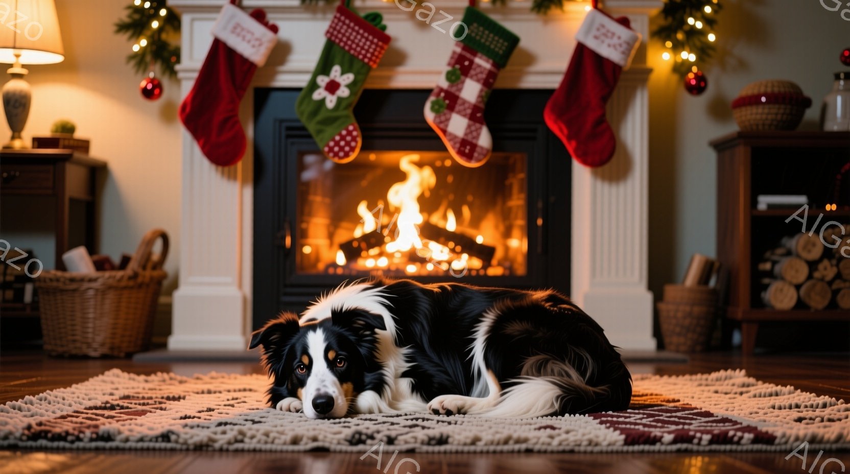 暖炉の前に敷かれた敷物の上で、ボーダーコリーが横たわっています。暖炉には火が燃え盛っており、クリスマスソックスが暖炉の上に飾られています。全体的に暖かく、居心地の良い、クリスマスの雰囲気です。