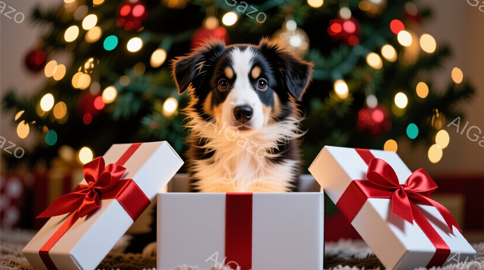 白黒のボーダーコリーがクリスマスツリーに向かって手を伸ばしています。ツリーには金色のオーナメントと赤いボールが飾られており、背景には木製のキャビネットと緑の植物が見えます。室内は暖かく、お祝いムードに - AI生成フリー素材