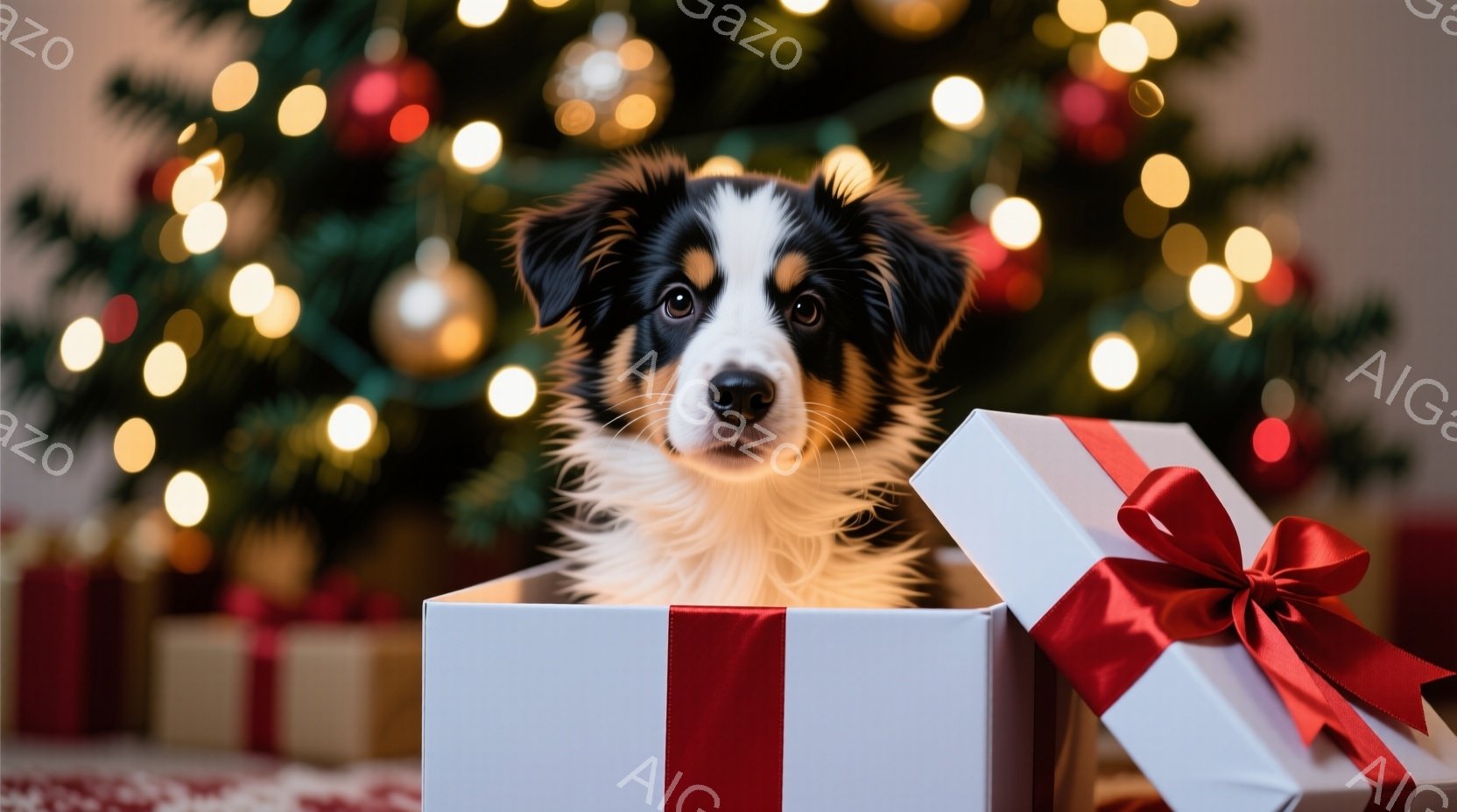 白いギフトボックスから顔を出している子犬が写っています。毛並みは茶色と白と黒で、愛らしい表情でカメラを見ています。背景にはクリスマスツリーのぼんやりとした光と装飾が映り、温かく幸せな雰囲気を醸し出しています。
