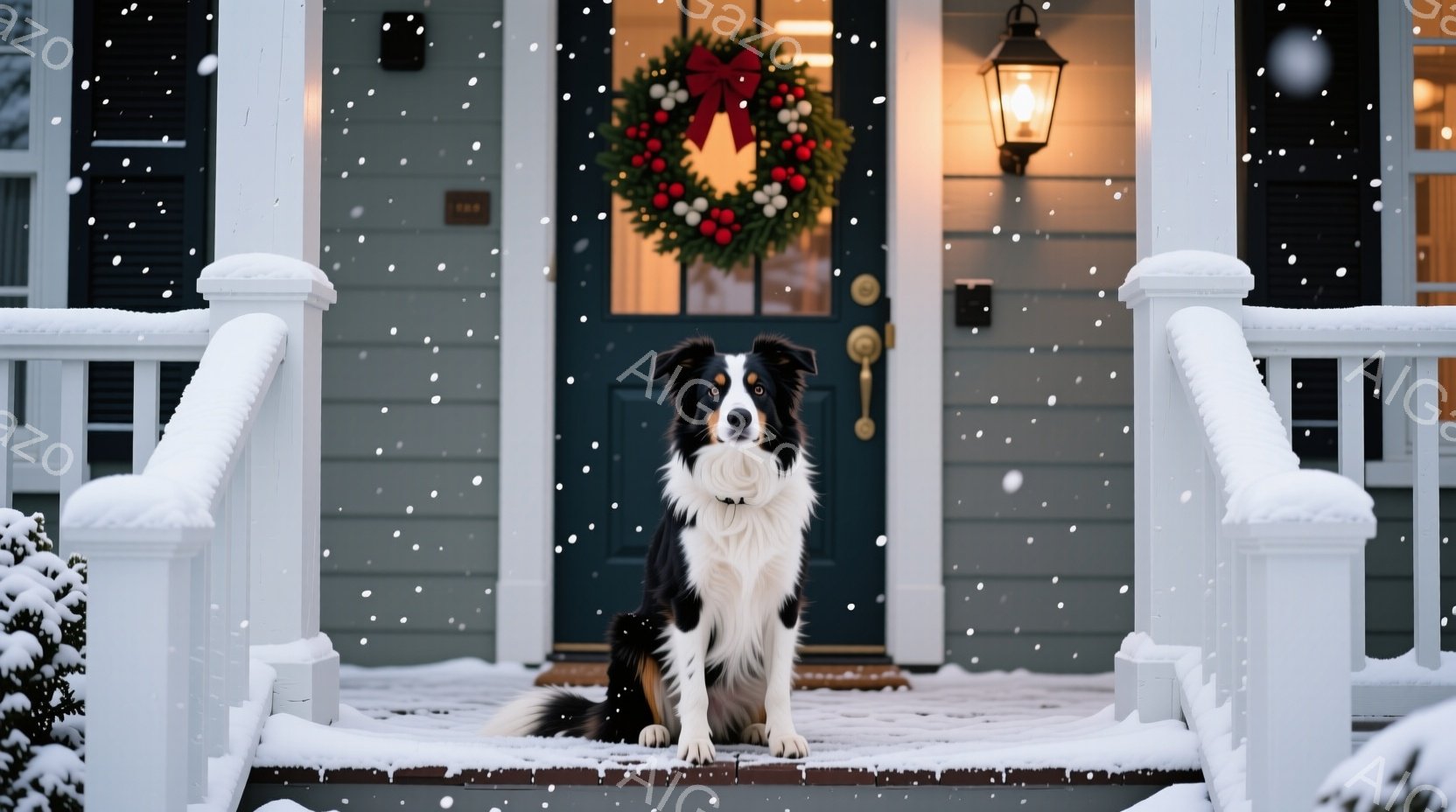 白と黒のボーダーコリーが雪の積もった家の外の階段に座っています。家のドアは濃い青色で、クリスマスリースが飾られ、温かい光が灯っています。雪が舞い降り、冬の穏やかで静かな雰囲気を醸し出しています。 - AI生成フリー素材