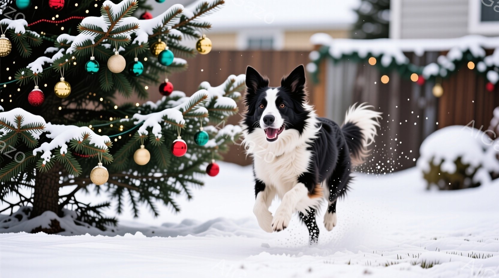 白い雪景色の中に、黒と白のボーダーコリーが勢いよく駆け抜けている。クリスマスツリーが近くにあり、赤いオーナメントやゴールドの飾りで彩られ、雪が積もった庭が背景に見える。犬は口を開けて楽しそうに走り、冬の暖かく幸せな雰囲気が漂っている。