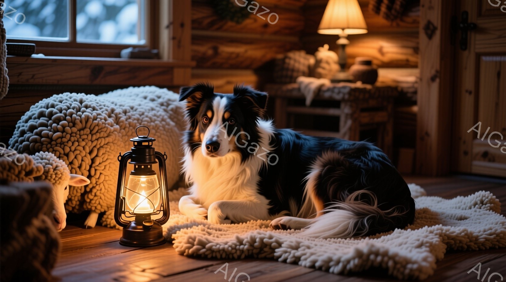 白と黒の毛並みが美しいボーダーコリーが、毛糸のようなふわふわしたラグの上に横たわっています。暖炉のような温かい光が灯されたランタンが犬の隣に置かれ、室内の木製の床と壁が照らされています。窓の外は雪景色 - AI生成フリー素材