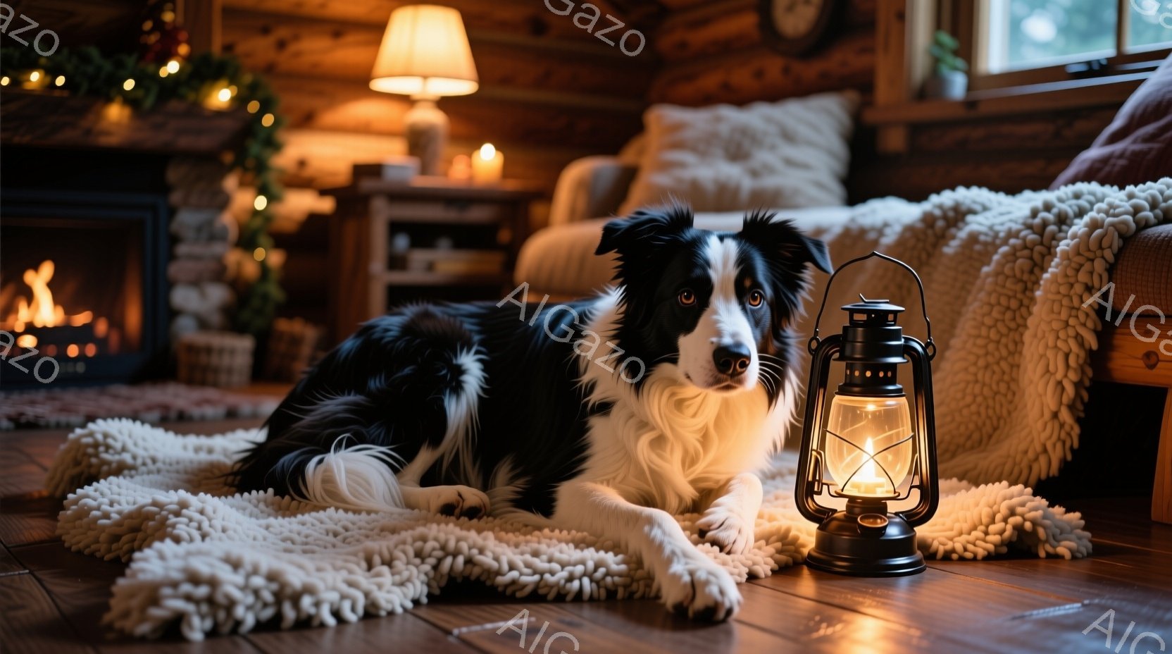 白と黒のボーダーコリーが、ふかふかの白いラグの上に横たわっています。部屋は暖炉の火とランプの光で温かい雰囲気に包まれ、木製の家具と落ち着いた色調が心地よい空間を作り出しています。背景には窓からの自然光 - AI生成フリー素材