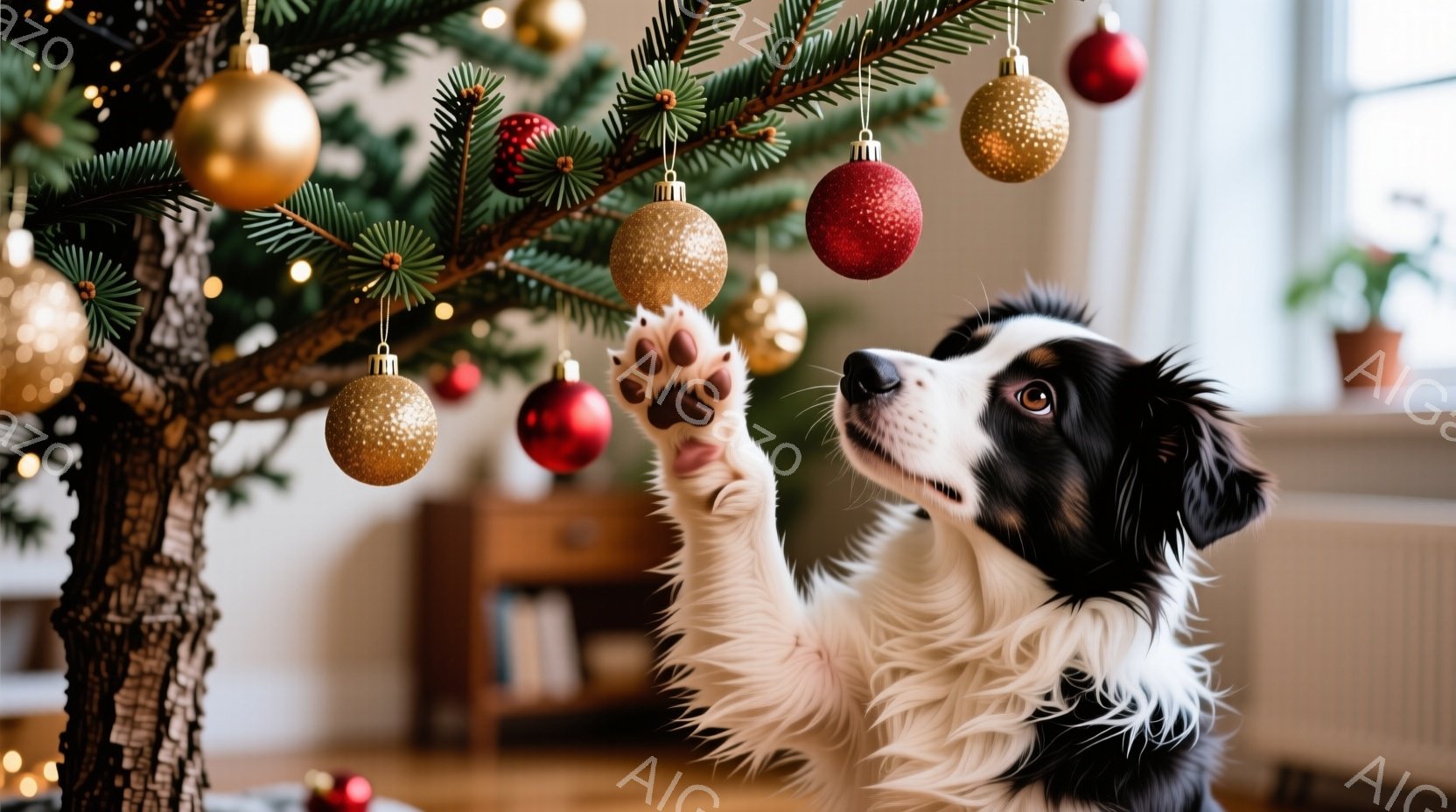 白と黒のボーダーコリーがクリスマスツリーに手を伸ばしている様子が写っています。好奇心旺盛な表情で、赤いオーナメントに触れようとしています。背景には木製の家具や緑の植物が見え、温かみのある室内空間が表現 - AI生成フリー素材