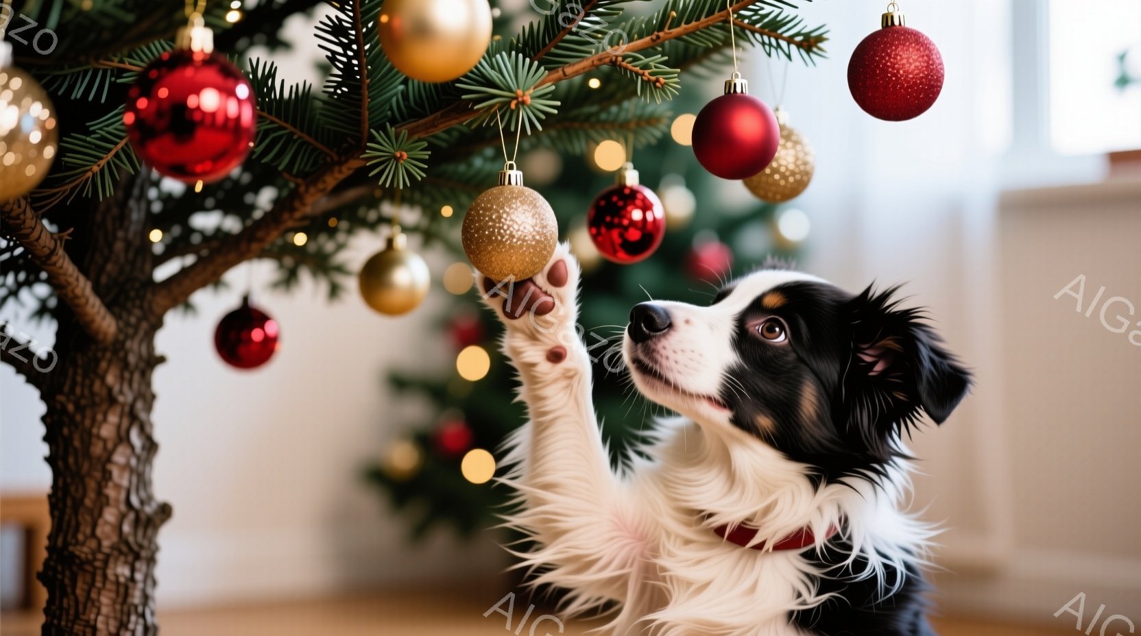 白と黒の毛並みの犬がクリスマスツリーに向かって手を伸ばしています。ツリーには赤と金のオーナメントが飾られており、犬は興味津々とした表情でオーナメントを見つめています。背景はぼやけていますが、暖かく、お祝いムードが漂う室内であるように見えます。