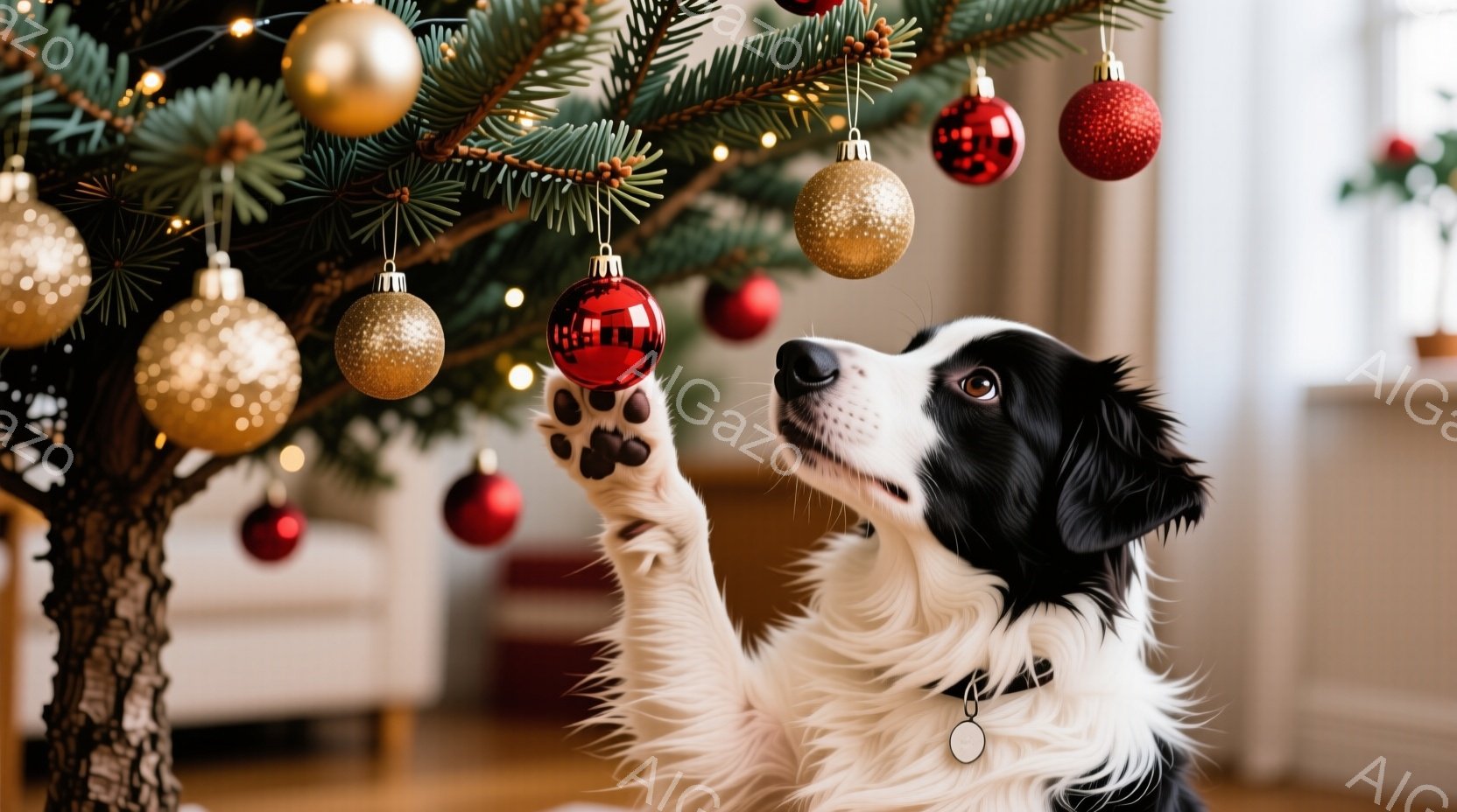 黒と白のボーダーコリーが、クリスマスツリーに飾られた赤いオーナメントを前足で触れようとしています。犬は少し上を見上げており、楽しそうな表情を浮かべています。背景には木製の床と、ぼやけた室内の一部が見え - AI生成フリー素材