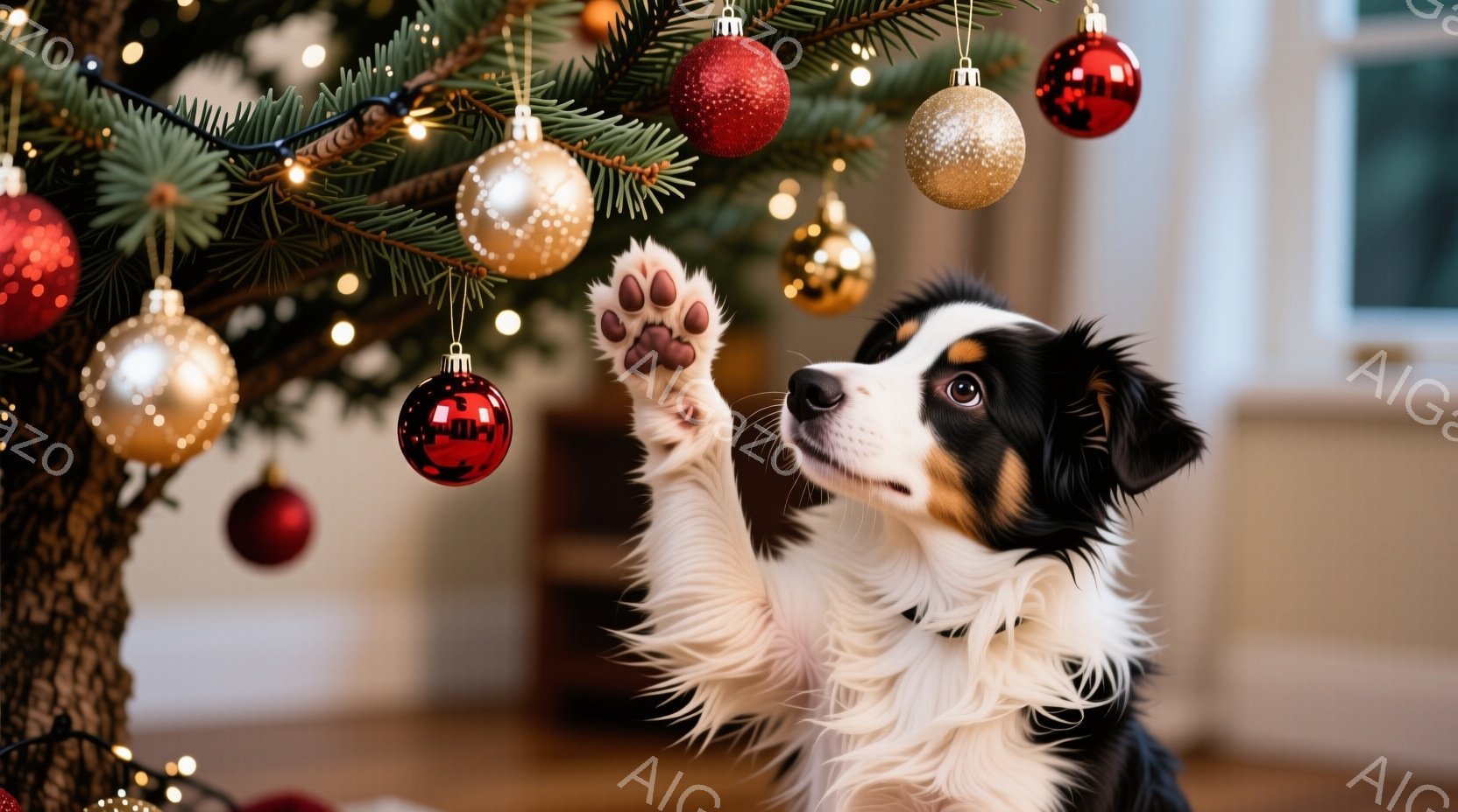 鮮やかなクリスマスツリーのそばで、毛並みの美しいボーダーコリーの子犬が片足を伸ばして赤いオーナメントに触れようとしています。子犬は好奇心に満ちた表情で、上を見上げており、その毛並みは白、黒、茶色の美し - AI生成フリー素材