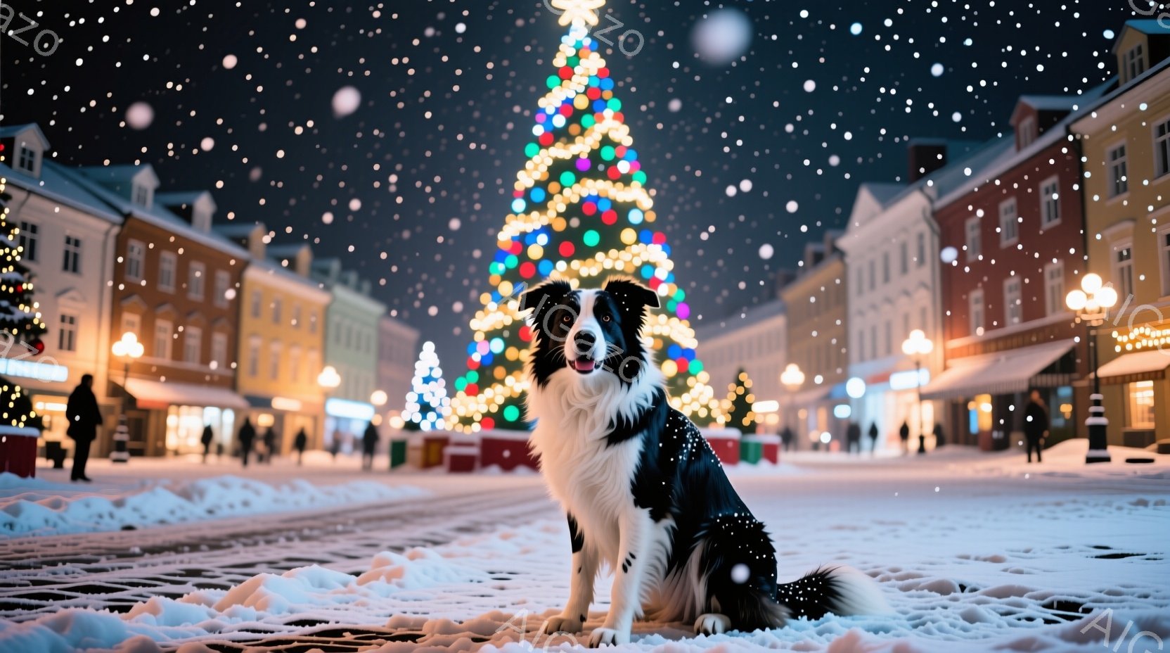 雪が舞うクリスマスの夜、街の中心にある大きなクリスマスツリーの前で、黒と白のボーダーコリーが座ってこちらを見つめている。背景には、イルミネーションで飾られた建物が並び、雪景色の中に暖かく幻想的な雰囲気が広がっている。犬は落ち着いた表情で、冬の夜の穏やかな光景と調和している。