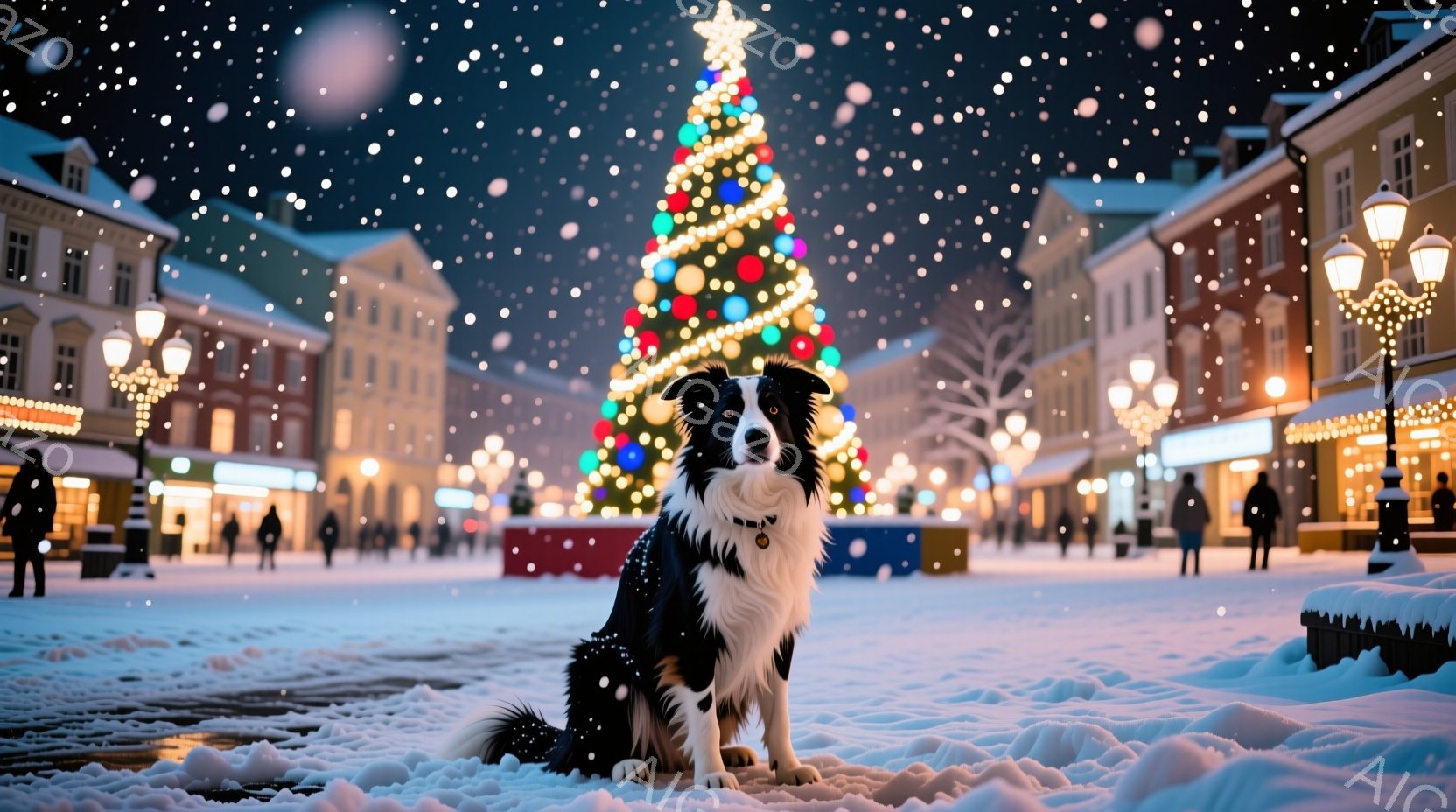 白黒のボーダーコリーが雪に覆われた広場の中心に座っており、その表情は穏やかでどこか自信に満ちている。背景には、色とりどりの電飾で飾られた巨大なクリスマスツリーが聳え立ち、周囲には古い建物が並び、雪が舞 - AI生成フリー素材