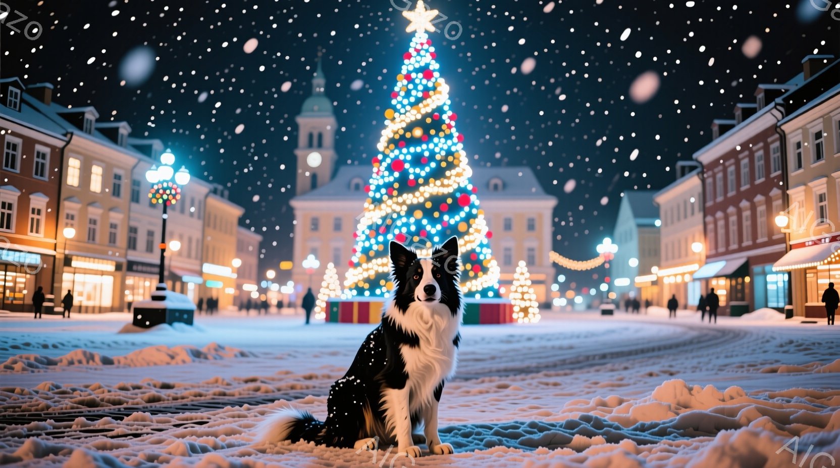 広場の中央に、黒と白のボーダーコリーが座ってこちらを見ています。背景には、イルミネーションで飾られた大きなクリスマスツリーと、雪に覆われたヨーロッパ風の建物が並び、雪が舞い散る幻想的な冬の夜を表現して - AI生成フリー素材