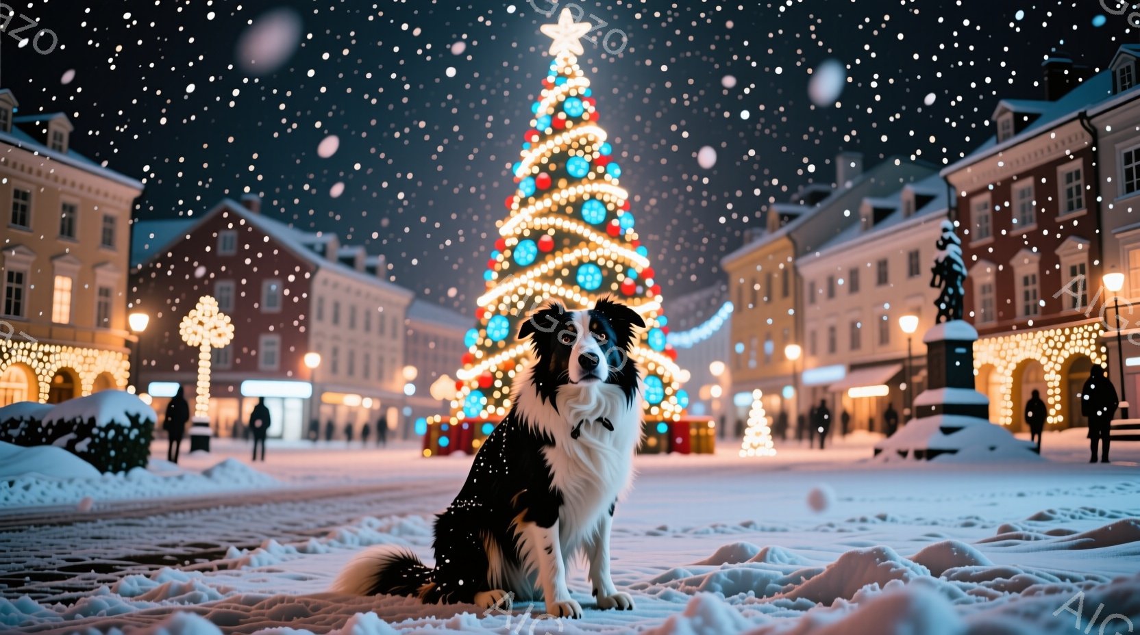 広場の中央に、ボーダーコリーが正面を向き座っています。背景には、クリスマスツリーやイルミネーションで飾られた建物が立ち並び、雪が降り積もる冬の夜の賑やかな光景が広がっています。全体的に、温かく、お祭り - AI生成フリー素材
