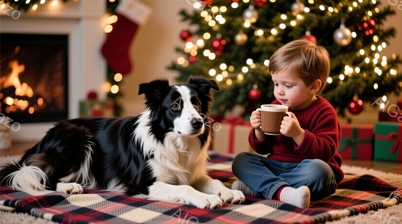 赤いセーターとジーンズを着た少年が、ホットドリンクが入ったマグカップを手に、床に座って暖炉のそばでくつろいでいます。そばには、黒と白のボーダーコリーが横たわり、リラックスした様子で少年の様子を見守っています。背景には、クリスマスツリーが飾られ、プレゼントの箱が置かれ、暖かく、家庭的なクリスマスの雰囲気を醸し出しています。
