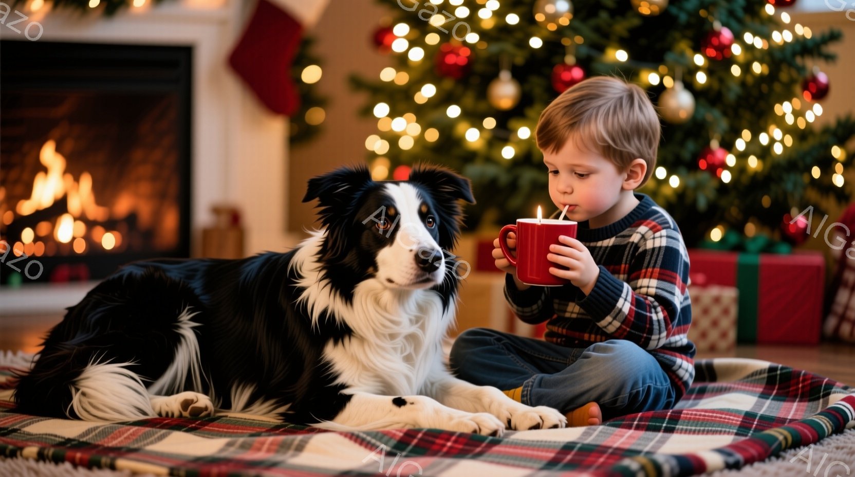 少年は赤いチェック柄の毛布の上で座り、マグカップを手にしている。彼は濃い茶色の髪をしており、少し伏し目がちでリラックスした表情をしている。背景にはクリスマスツリーが飾られ、暖炉の火が灯り、温かく心地よ - AI生成フリー素材