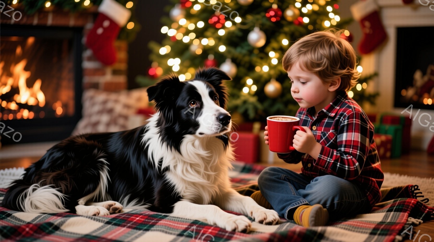 赤と黒のボーダーシャツを着た少年が、赤いマグカップを持って床に座り、何かをじっと見つめています。そばには、黒と白の毛並みのシェットランドシープドッグが横たわり、同じ方向を見つめています。背景には、クリスマスツリーや暖炉、プレゼントボックスが見え、温かく、居心地の良いクリスマスの雰囲気が漂っています。