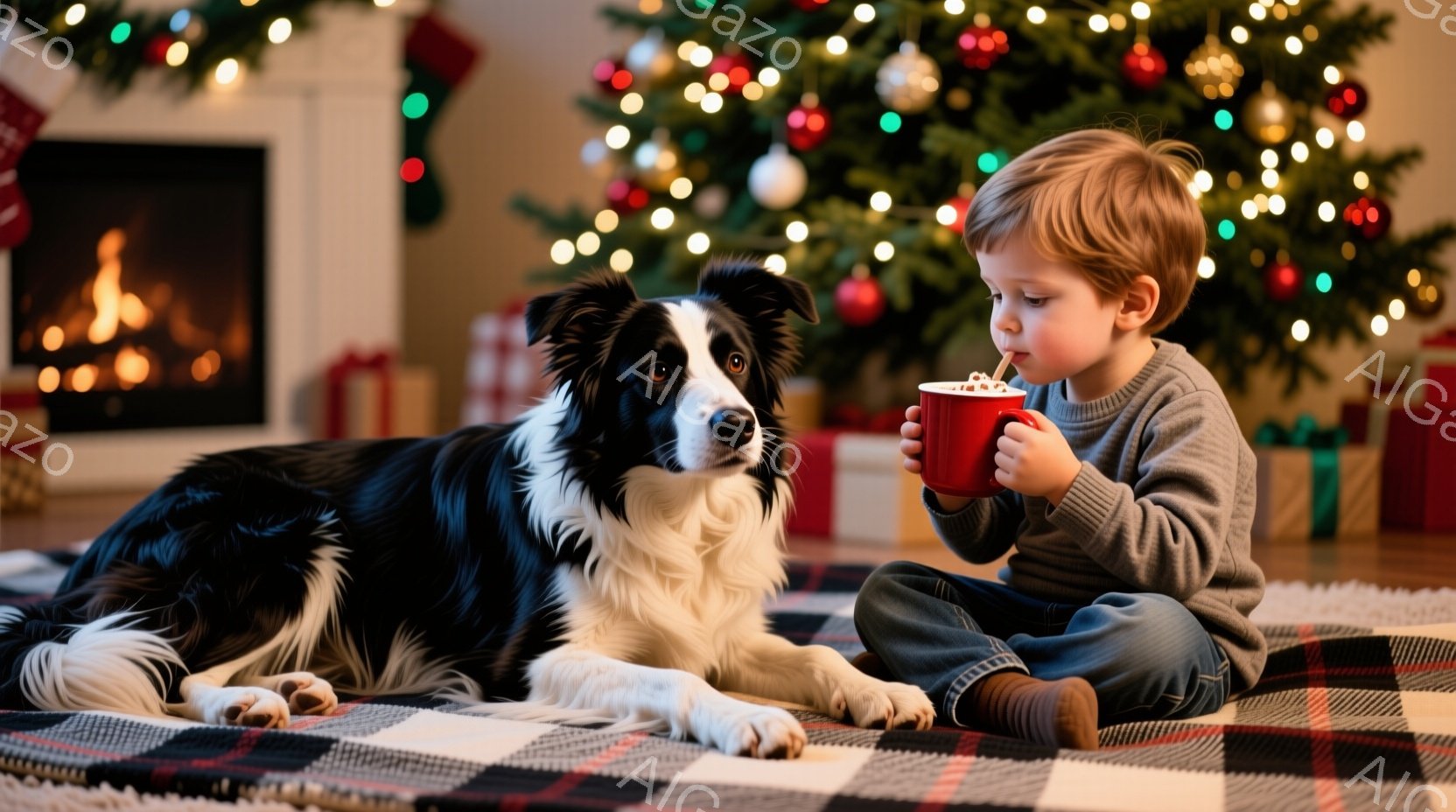 暖炉のそばで、少年が赤いマグカップを手に座り、熱い飲み物を楽しんでいます。彼は灰色のセーターとジーンズを着ており、明るい茶色の髪が少し乱れています。黒と白のボーダーコリーが少年にもたれかかり、リラック - AI生成フリー素材