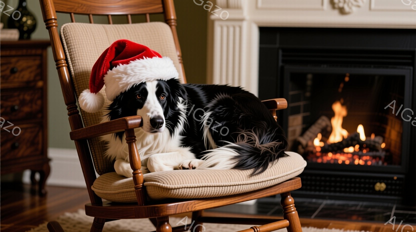 黒と白のボーダーコリーがロッキングチェアに横たわっており、頭にはサンタ帽が載っています。その表情は穏やかで、リラックスしている様子が伝わってきます。背景には暖炉があり、火が燃えており、暖かい家庭的な雰 - AI生成フリー素材