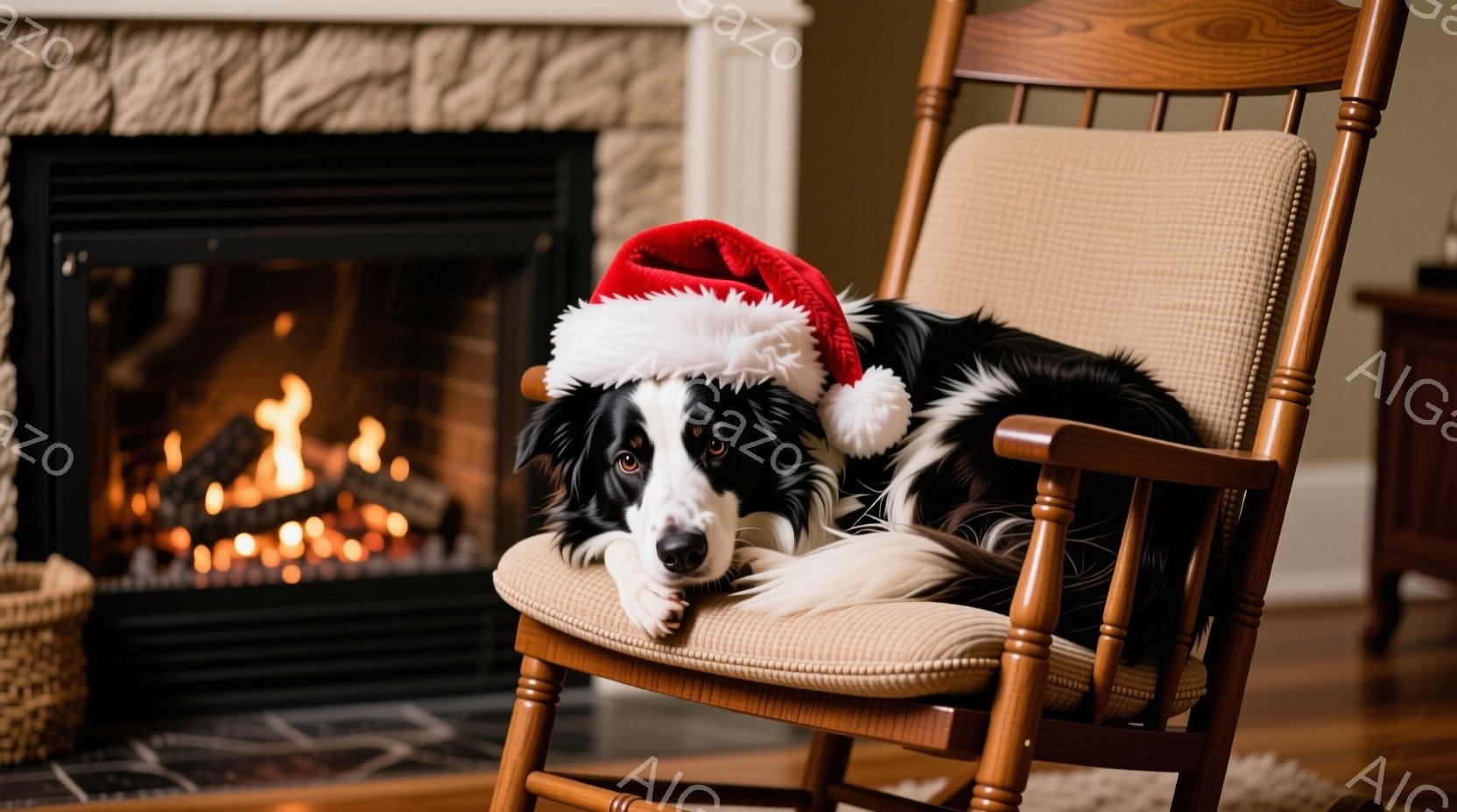 黒と白のボーダーコリーが、クリーム色のロッキングチェアに横たわっており、頭には赤いサンタ帽をかぶっています。犬はリラックスした表情で、まるで暖炉の火を楽しんでいるようです。背景には、暖炉と籐のバスケッ - AI生成フリー素材