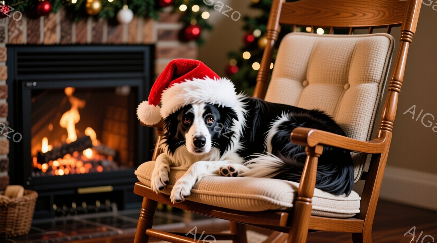 黒と白のボーダーコリーが、赤いサンタの帽子をかぶり、揺り椅子に横たわってリラックスしています。暖炉の火が暖かく照らし、背景にはクリスマスツリーのぼんやりとした光が灯っており、居心地の良い冬の雰囲気が漂っています。犬の表情は穏やかで、まるでクリスマスの休日のひとときを楽しんでいるかのようです。