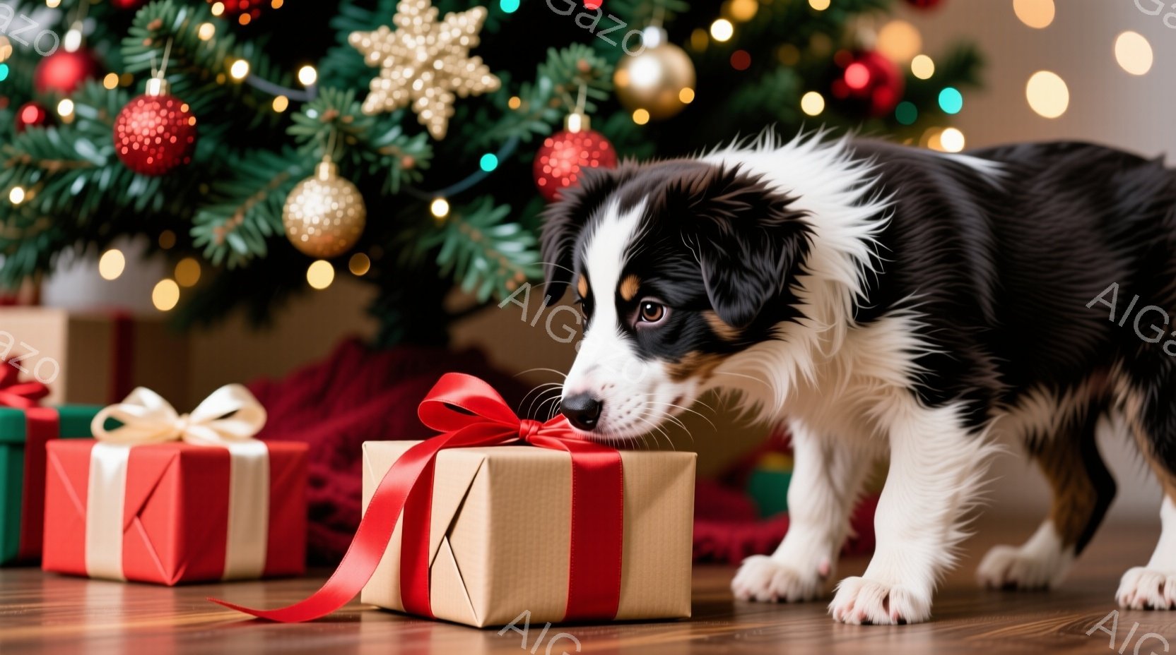 白と黒の毛並みの犬が、赤いリボンで結ばれたプレゼントの箱に鼻を近づけています。背景には、装飾されたクリスマスツリーと他のプレゼントの箱がぼやけて写っており、暖かくお祝いムードの室内が表現されています。 - AI生成フリー素材