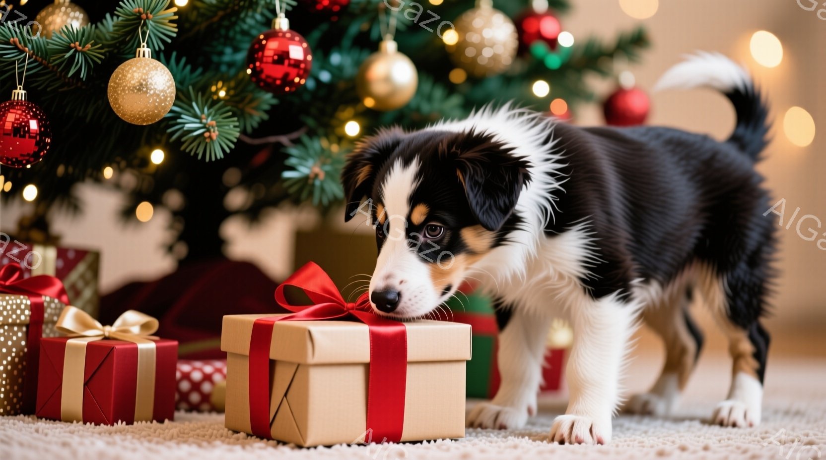 白と黒の毛並みを持つ子犬が、クリスマスツリーの下に置かれたプレゼントの箱に鼻を近づけています。プレゼントは赤や緑のリボンで飾られ、背景にはぼやけたクリスマスツリーと暖かい光が広がっています。全体的に、 - AI生成フリー素材