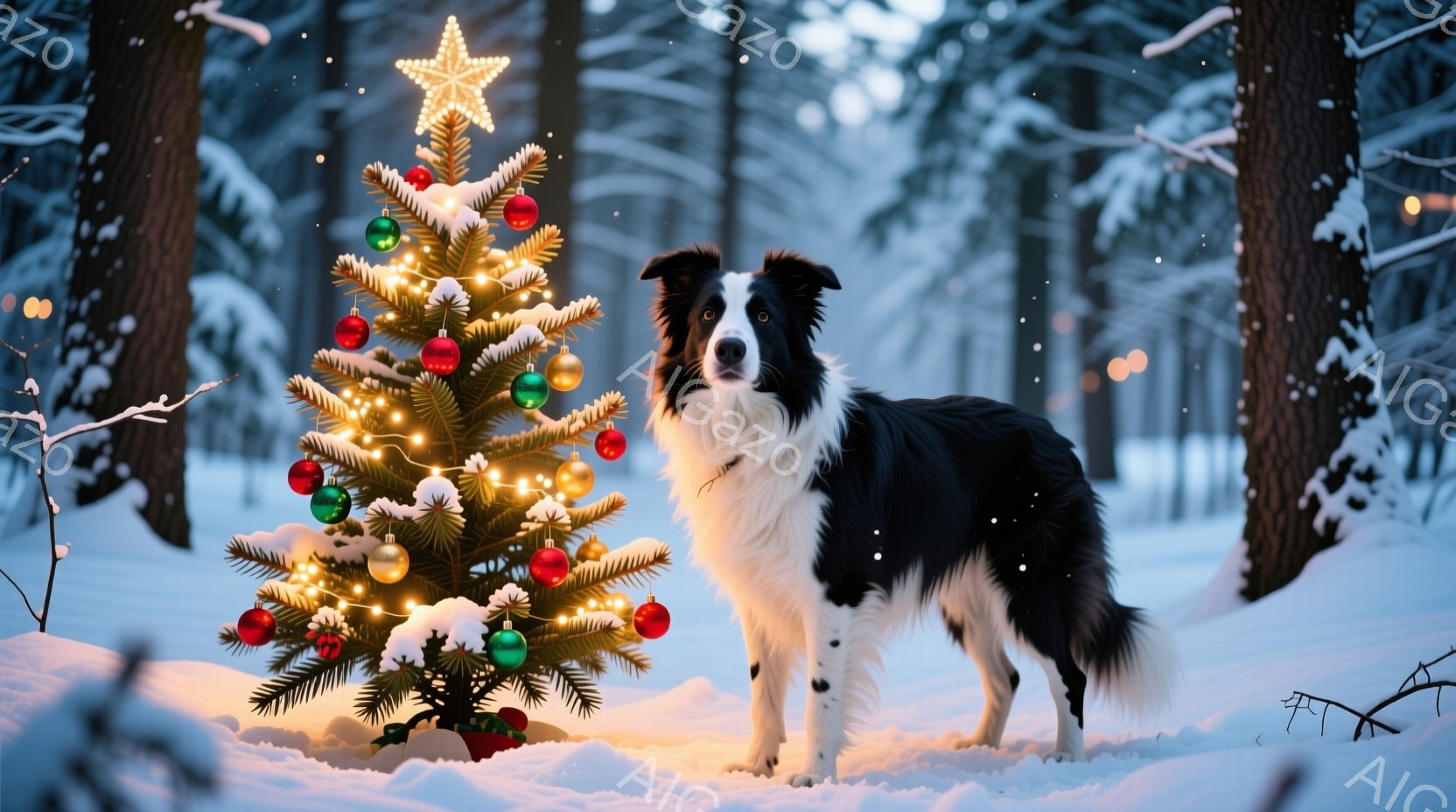 白と黒のボーダーコリーが雪景色の中でクリスマスツリーの横に立っている。ツリーはカラフルなオーナメントと輝く星で飾られ、背景には雪に覆われた木々がぼんやりと見える。全体的に暖かく、お祝いムードにあふれた冬の風景だ。