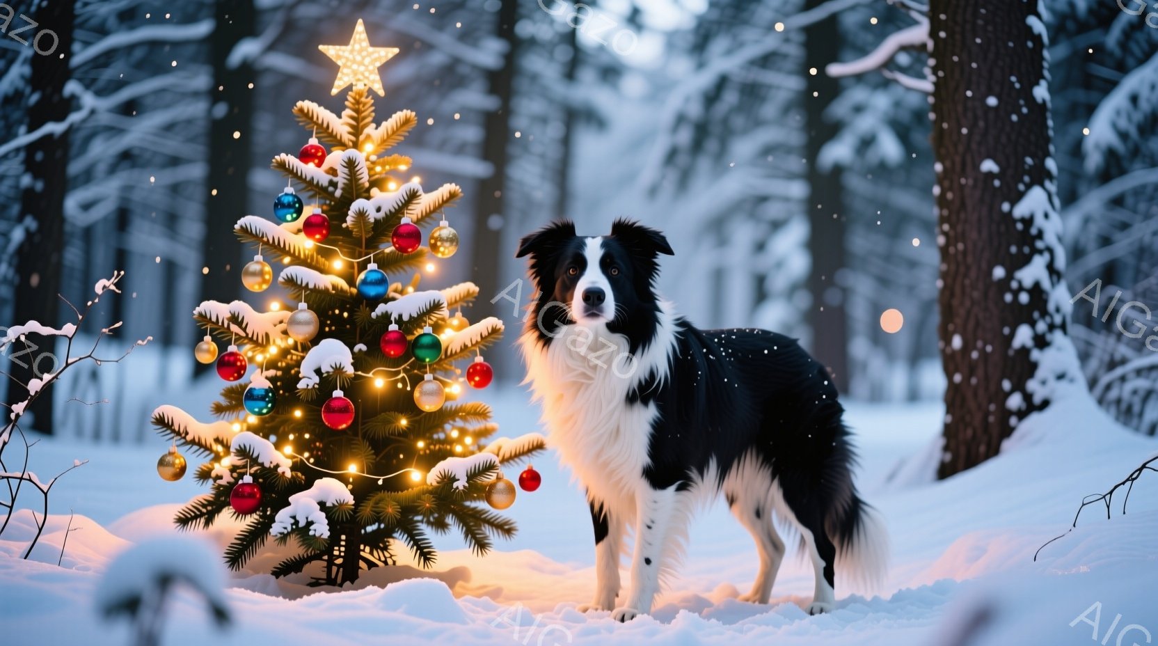雪が降り積もる森の中に、飾り付けられたクリスマスツリーと、その隣に立つボーダーコリーがいます。コリーは真っ白と黒の毛並みで、凛とした表情で正面を見ており、冬の静寂と温かい光が調和した、穏やかで心安らぐ - AI生成フリー素材