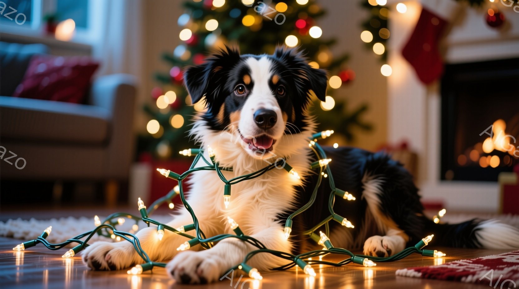 黒と白のボーダーコリーが、クリスマスツリーの足元にある床に横たわり、カラフルな電飾に体を巻き付けられています。犬は口を開けて微笑んでおり、リラックスした様子が伺えます。背景には、暖炉の火とクリスマスツリーが飾られた、温かく居心地の良いリビングルームが広がっています。