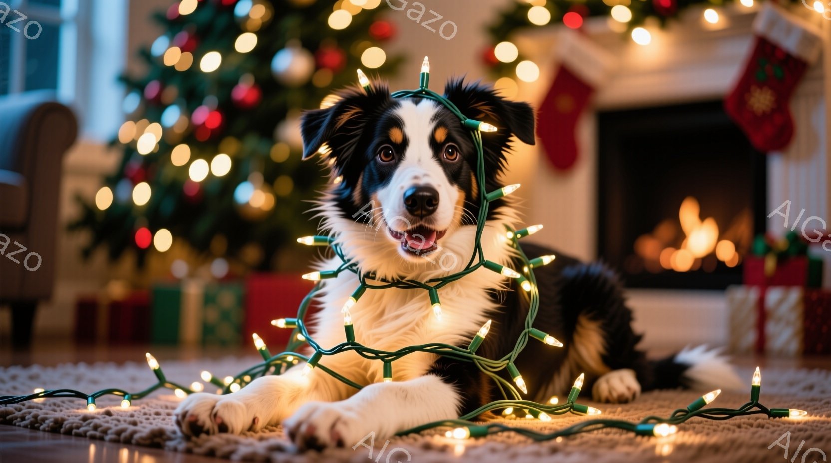 白と黒の毛並みを持つボーダーコリーが、クリスマスツリーのイルミネーションライトに絡みながら床に横たわっています。犬は口を開けて楽しそうに微笑んでおり、背景にはきらびやかなクリスマスツリーとプレゼントの - AI生成フリー素材