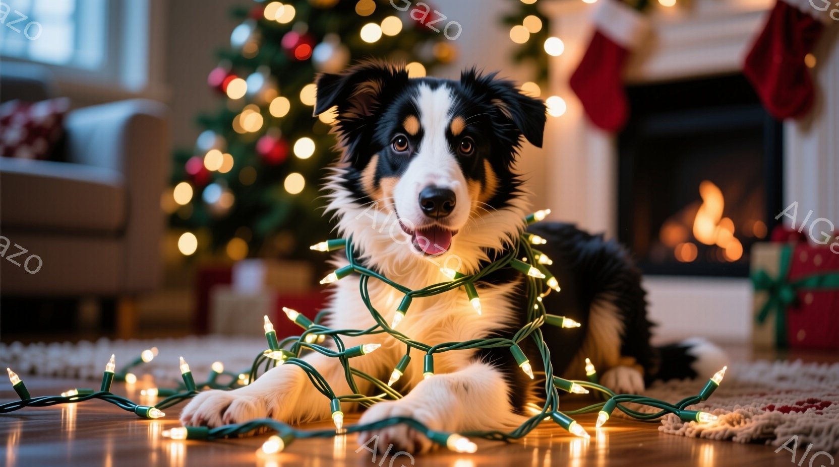 白と黒の毛並みの犬が、キラキラと光るクリスマスツリーの電飾に体を巻き付け、床に横たわっています。犬は口を開けて笑顔を見せ、リラックスした様子です。背景にはクリスマスツリーや暖炉、プレゼントが見え、温か - AI生成フリー素材