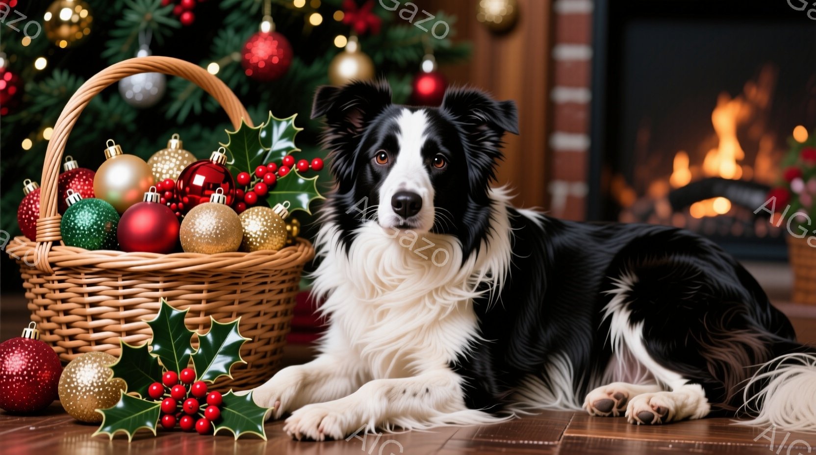 黒と白のボーダーコリーが、クリスマスオーナメントの入ったバスケットの横で床に横たわっています。犬はリラックスした表情でカメラを見ており、背景には暖炉とクリスマスツリーがぼんやりと見えます。全体的に、暖 - AI生成フリー素材