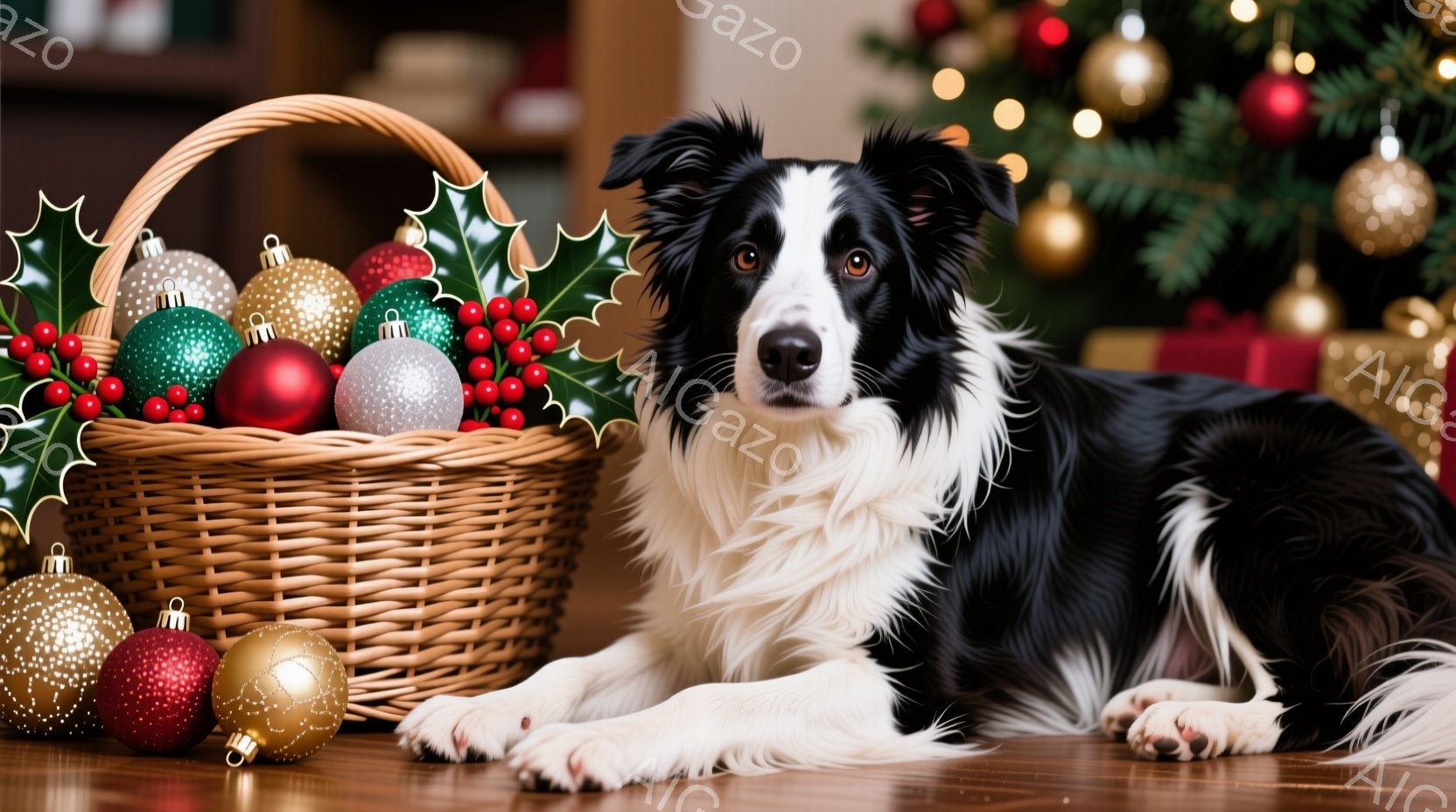 黒と白のボーダーコリーが、クリスマスオーナメントが詰まった籐の籠の隣に横たわっています。犬は落ち着いた表情でカメラを見つめ、リラックスした姿勢で床に体を伸ばしています。背景にはぼやけたクリスマスツリー - AI生成フリー素材