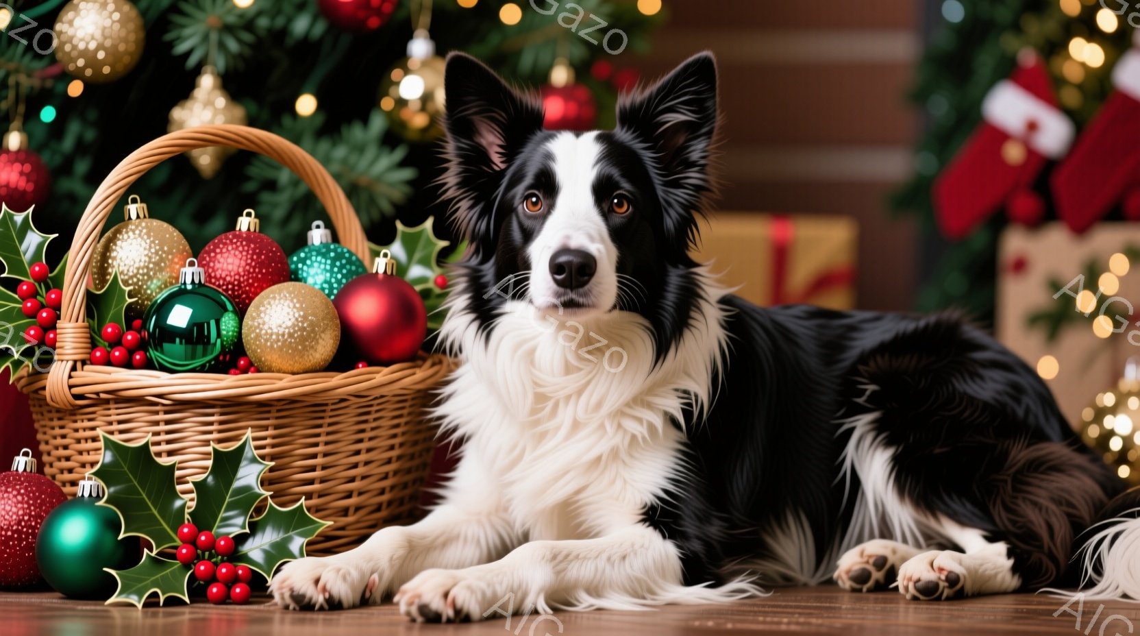 黒と白のボーダーコリーが、クリスマスオーナメントの入った籐の籠のそばで横たわっています。犬は正面を見て、穏やかでリラックスした表情をしています。背景には、キラキラ光るクリスマスツリーと赤い靴下、そして - AI生成フリー素材