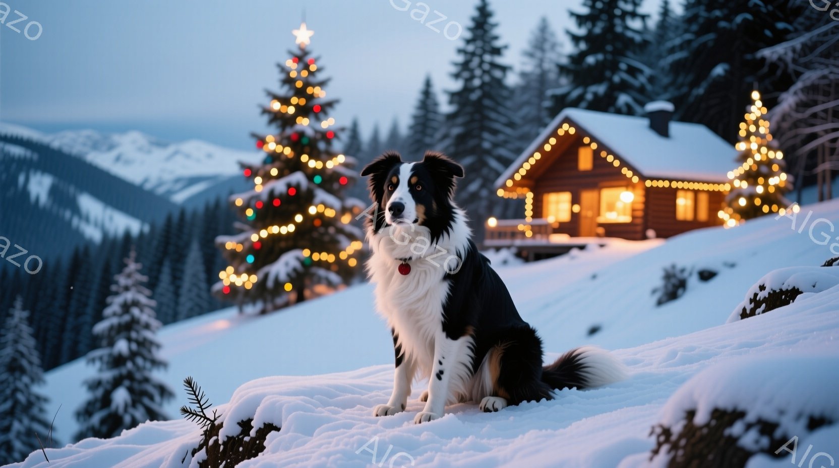 白い雪の上に、黒と白のボーダーコリーが座っています。クリスマスの飾り付けがされた木々の間には、温かい光を放つログハウスがあり、周囲は雪景色です。全体的に、暖かく穏やかな冬の雰囲気で、犬はリラックスした - AI生成フリー素材