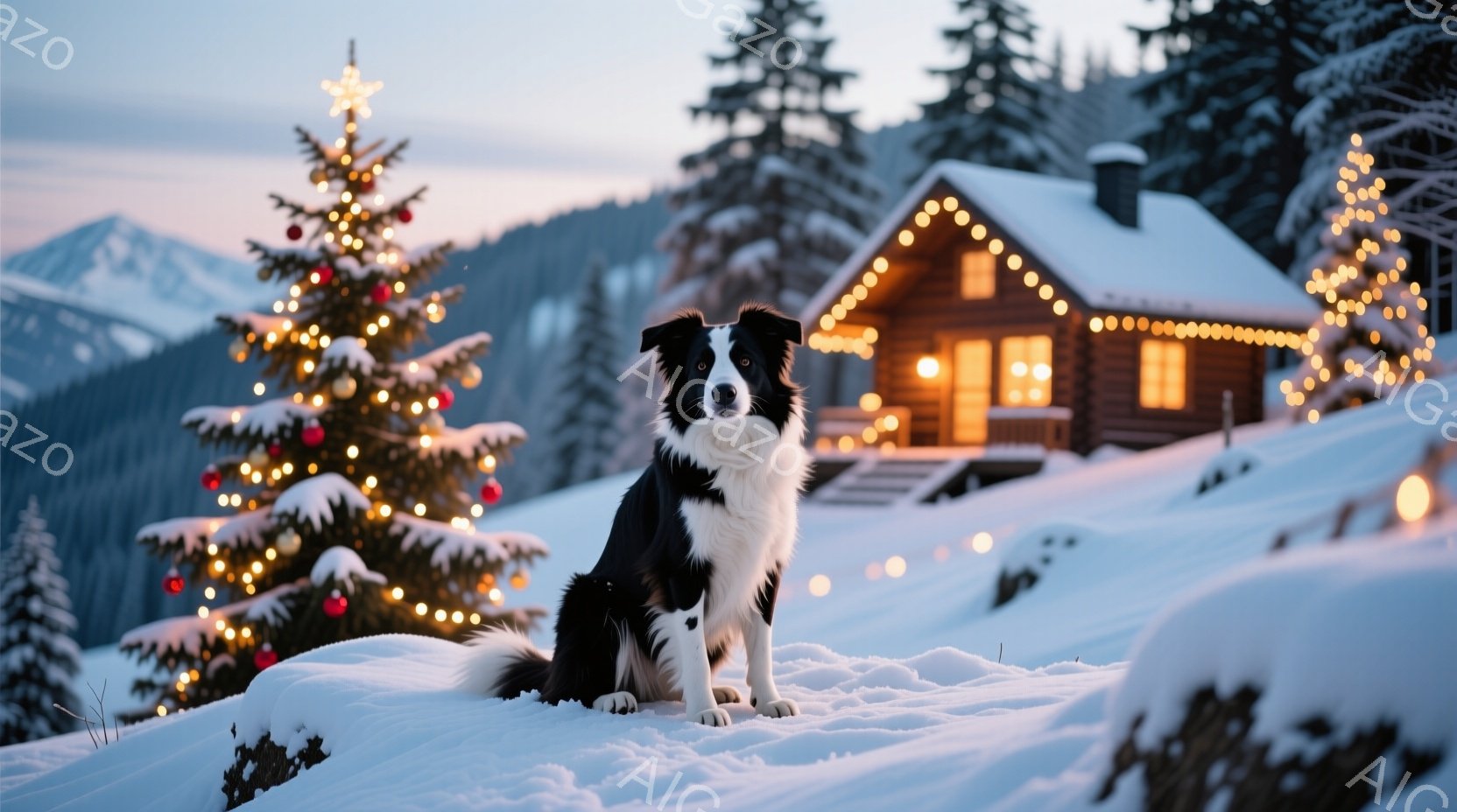 白と黒のボーダーコリーが雪の上に座っており、クリスマスの飾り付けがされたモミの木と、ライトアップされた木造の家が背景に見えます。犬は前方をまっすぐ見つめ、凛とした表情を浮かべています。背景には雪をまと - AI生成フリー素材