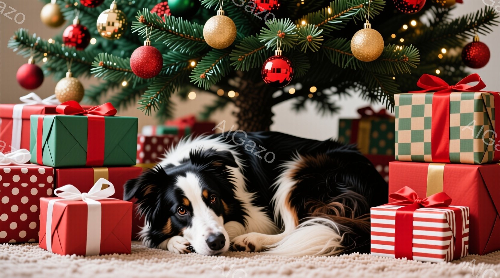 クリスマスツリーの足元に、トリカラーのボーダーコリーが横たわっています。周りには赤、緑、白の包装紙で飾られたプレゼントの山が置かれ、お祝いの雰囲気を醸し出しています。暖かく穏やかな光が、この心温まる光 - AI生成フリー素材