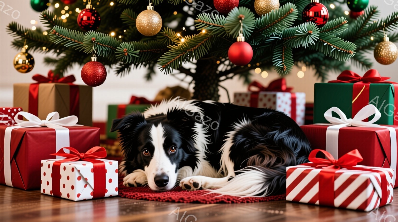 クリスマスツリーの下に、プレゼントの山の中に黒と白のボーダーコリーが横たわっています。犬は落ち着いた表情で、リラックスした様子で床に体を預けています。背景には、木製の床と、赤、緑、金色のオーナメントで - AI生成フリー素材