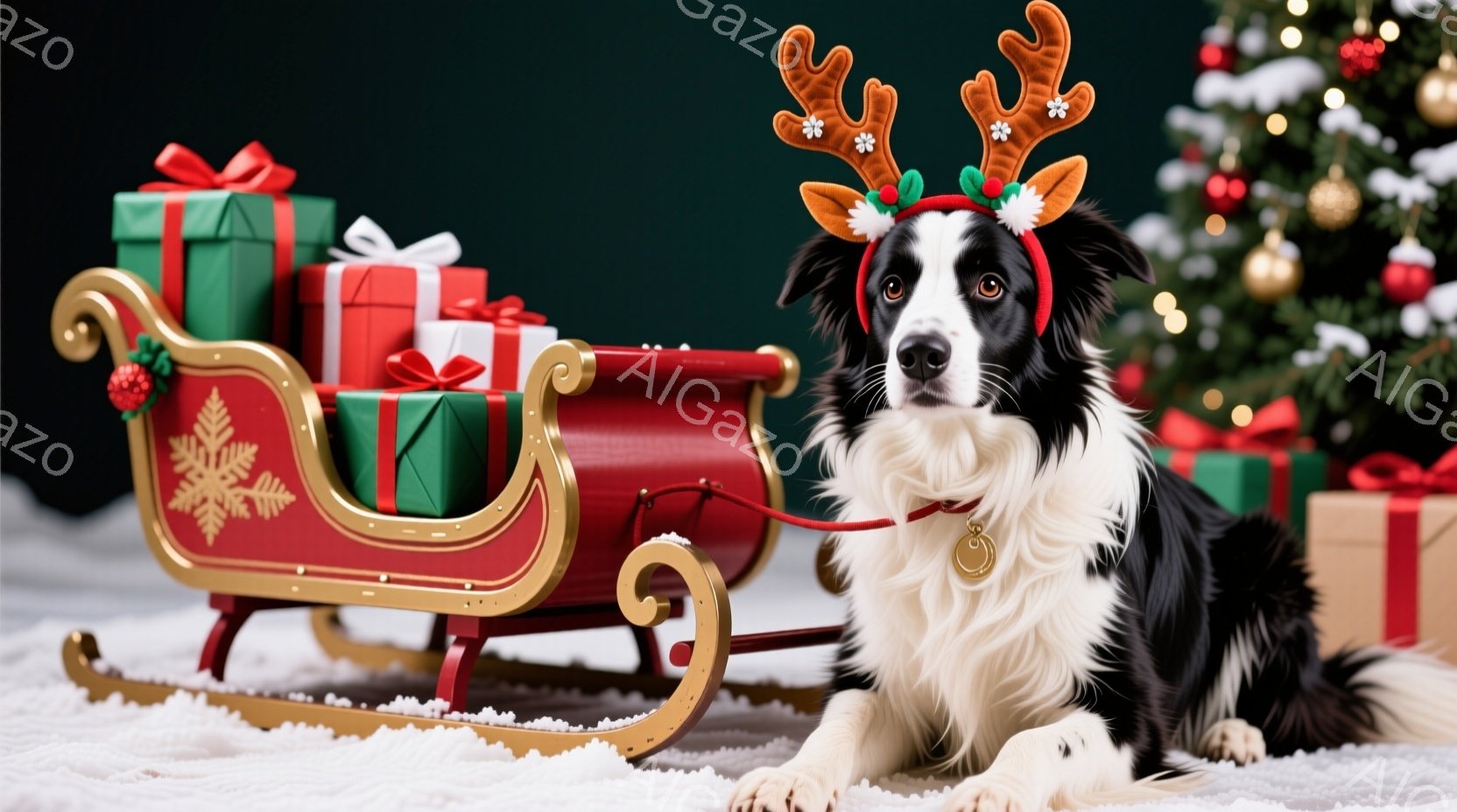 黒と白のボーダーコリーが、赤いそりに横たわっています。頭にはトナカイの角が生えたカチューシャをつけており、首輪には金色のタグがついています。背景にはクリスマスツリーやプレゼントの箱があり、雪が降ってい - AI生成フリー素材
