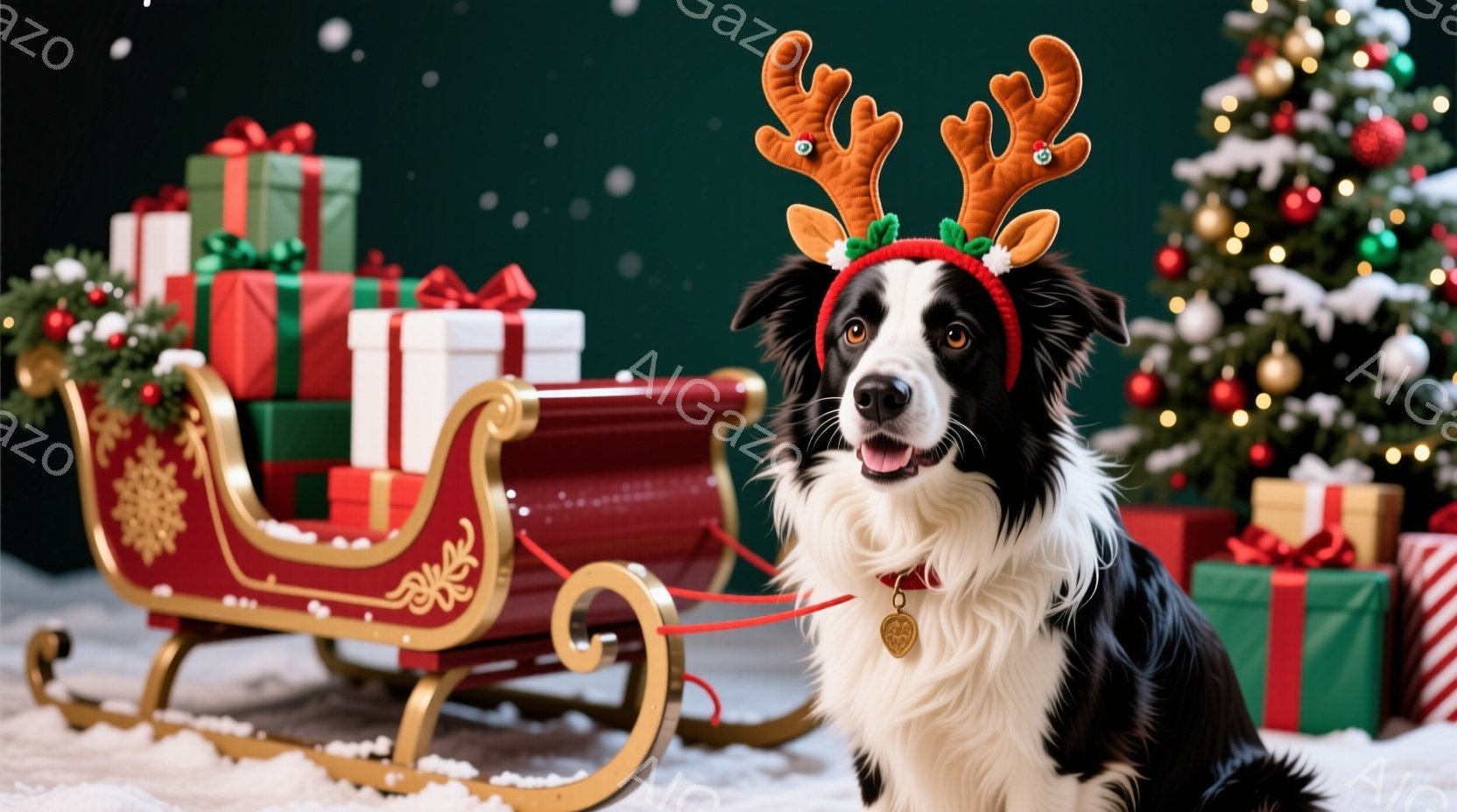 黒と白のボーダーコリーが、クリスマスの角の頭飾りをつけて座っています。背景には、プレゼントの山と緑色のクリスマスツリーがあり、雪が降っているように見えます。 全体的に、暖かく、お祝いの雰囲気で、クリス - AI生成フリー素材