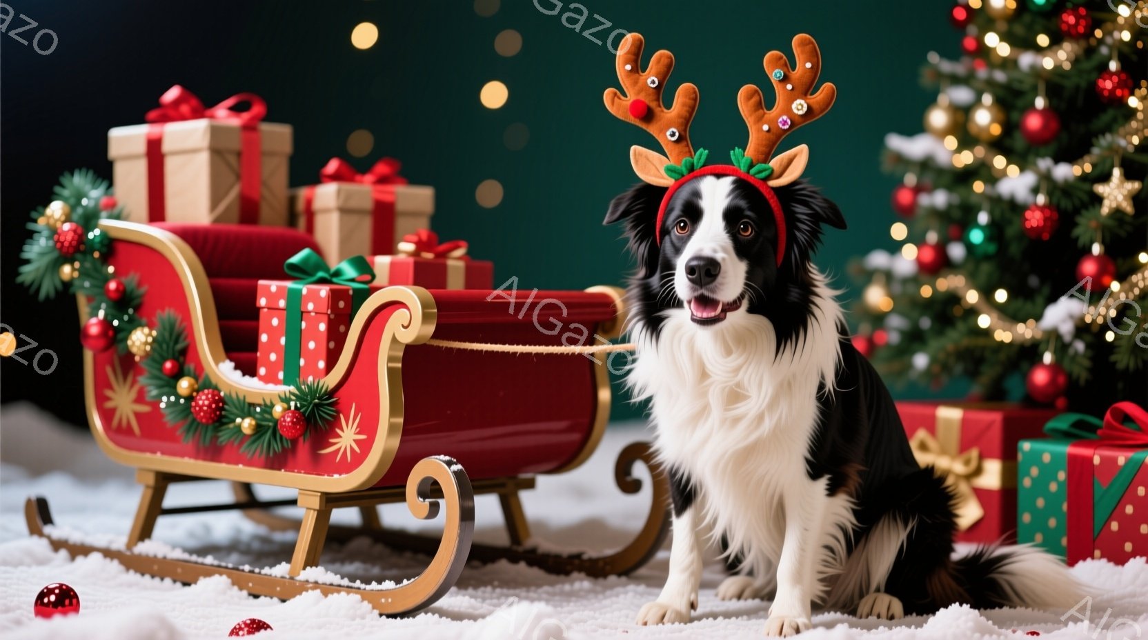 黒と白のボーダーコリーが、赤いそりに座って正面を見ています。頭にはトナカイの角の飾りをつけており、少し口を開けて楽しそうな表情をしています。背景にはクリスマスツリーやプレゼントの山があり、雪が降る冬の - AI生成フリー素材