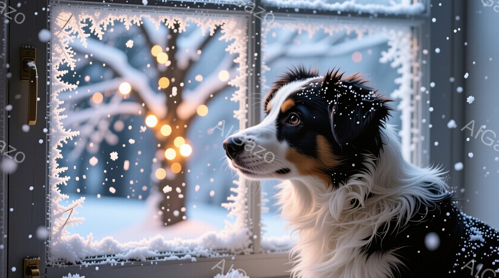 窓辺に寄り添う、美しいトライカラーのボーダーコリーが写っている。外は雪が降り積もり、ぼやけた光のぼんやりとした輪郭が背景に広がり、穏やかで冬らしい雰囲気を醸し出している。犬は何かをじっと見つめ、その表情は思慮深く、静寂の中で心を落ち着かせるような印象を与える。