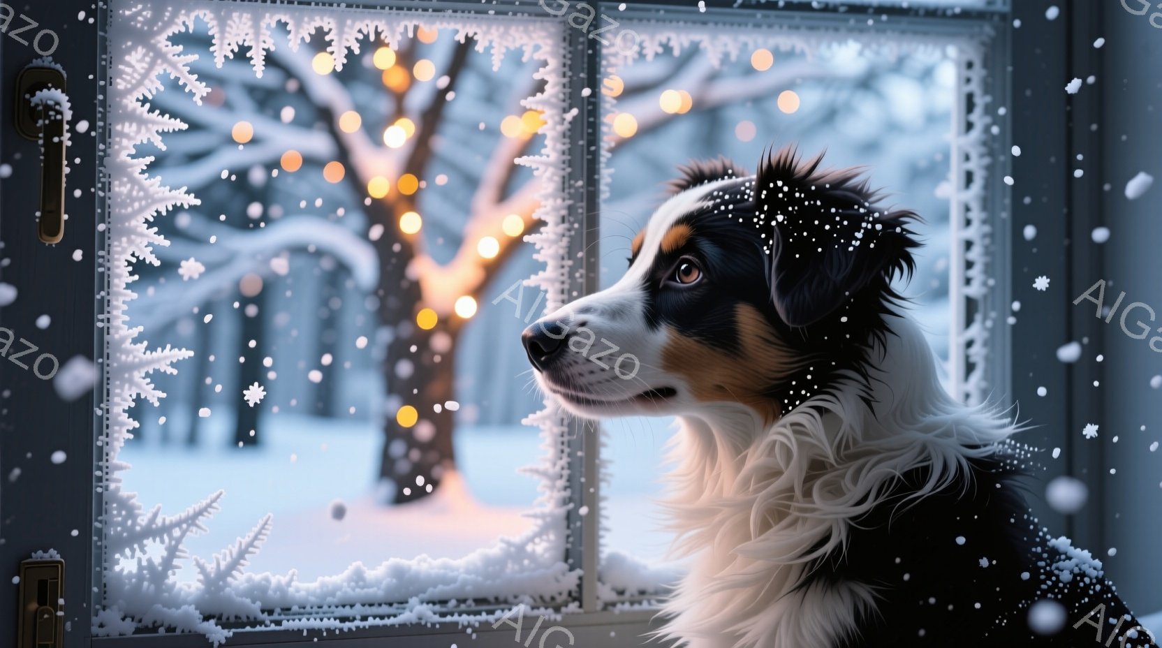 雪が降り積もる冬の窓辺に、黒と白の毛並みを持つ美しいボーダーコリーが寄り添っています。コリーは窓の外の雪景色をじっと見つめ、少し物憂げな表情を浮かべています。背景には、ぼんやりとした光を放つ木々が立ち - AI生成フリー素材